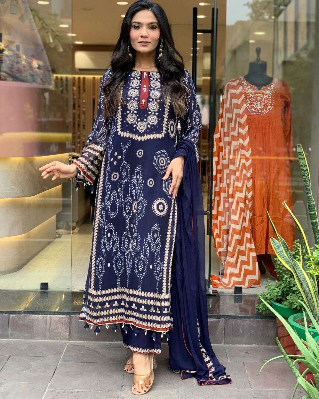 shreya blue n red printed suit set festive special  wrap yourself in elegance this festive with our navy blue n red readymade suit featuring intricate schiffli hand works designer suit 