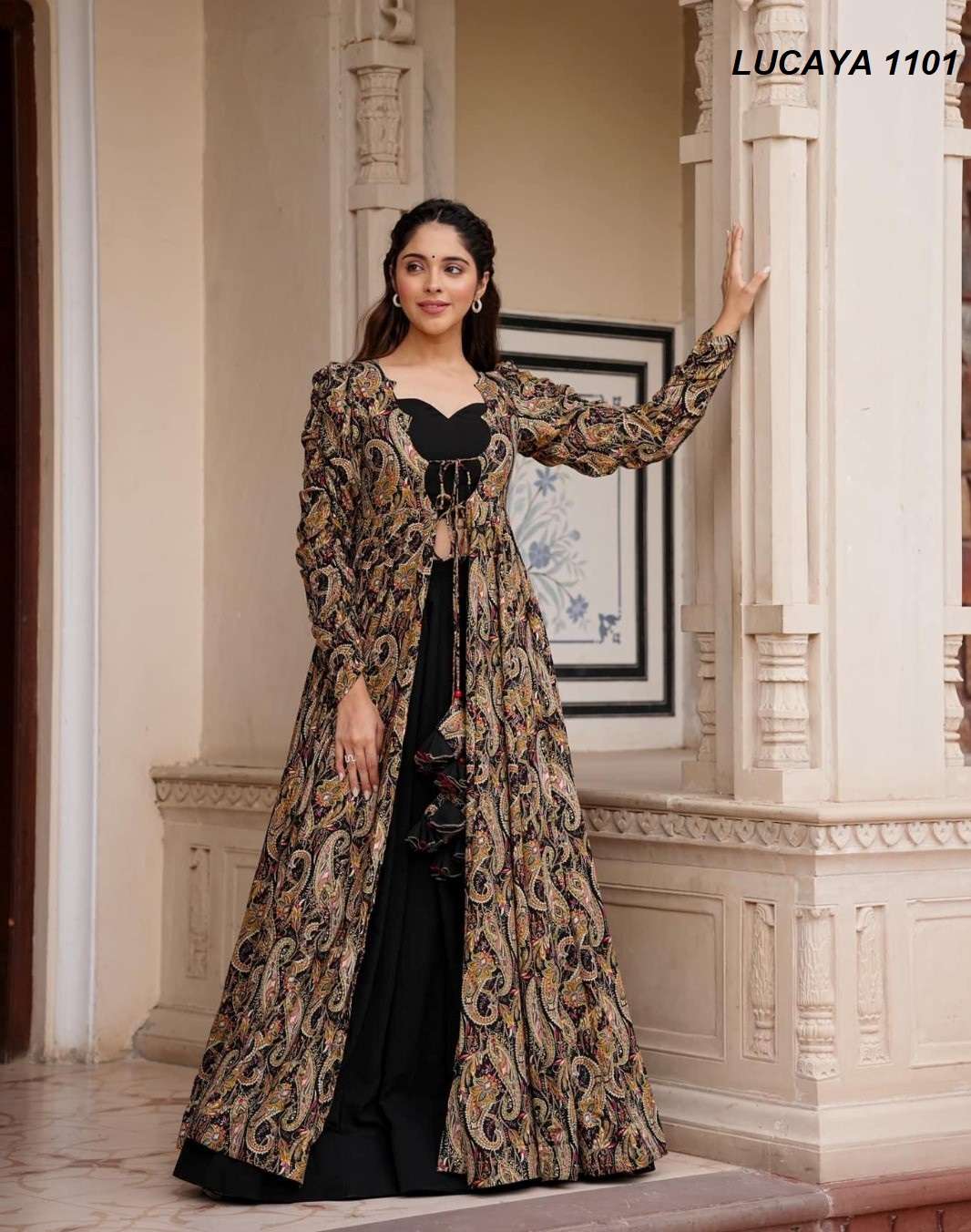 stunning 3 piece koti style indo-western suit of printed crop top skirt and parallels paired with a beautiful printed shrug set lucaya v 11 design number 1101 to 1104