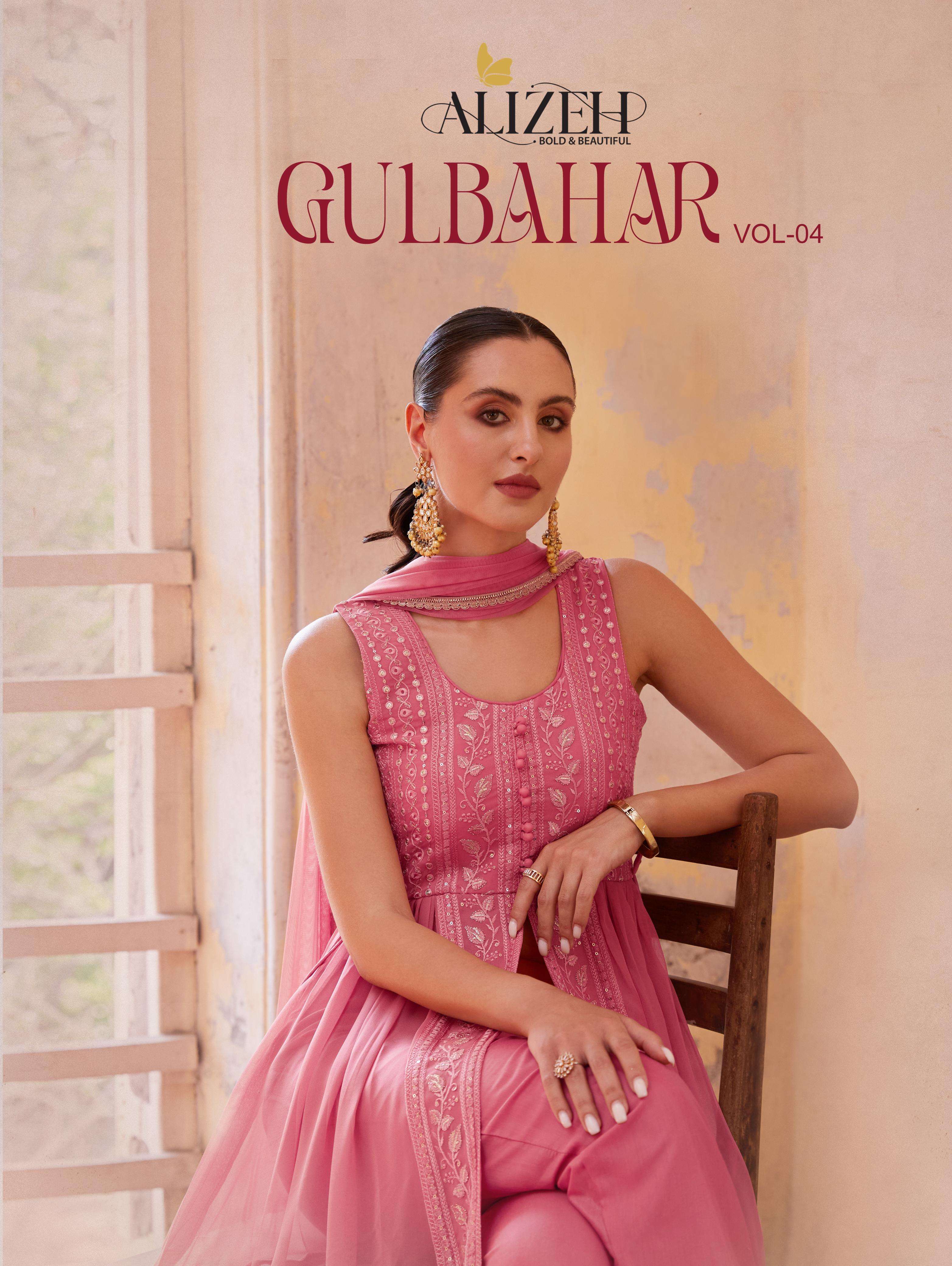 alizeh catalogue gulbahar vol 4 series 6001 to 6005 indowestern full frilled long gowns in five vibrant colours and absolutely stunning design with front slit readymade suit 