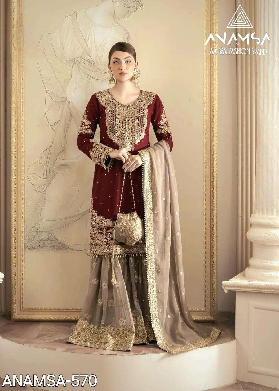 anamsa 7773 semi stitched anamsa 570 details heavy pure fox georgette with heavy embroidered with sequence work and moti work very beautiful semi stitched outfit Pakistani dresses 