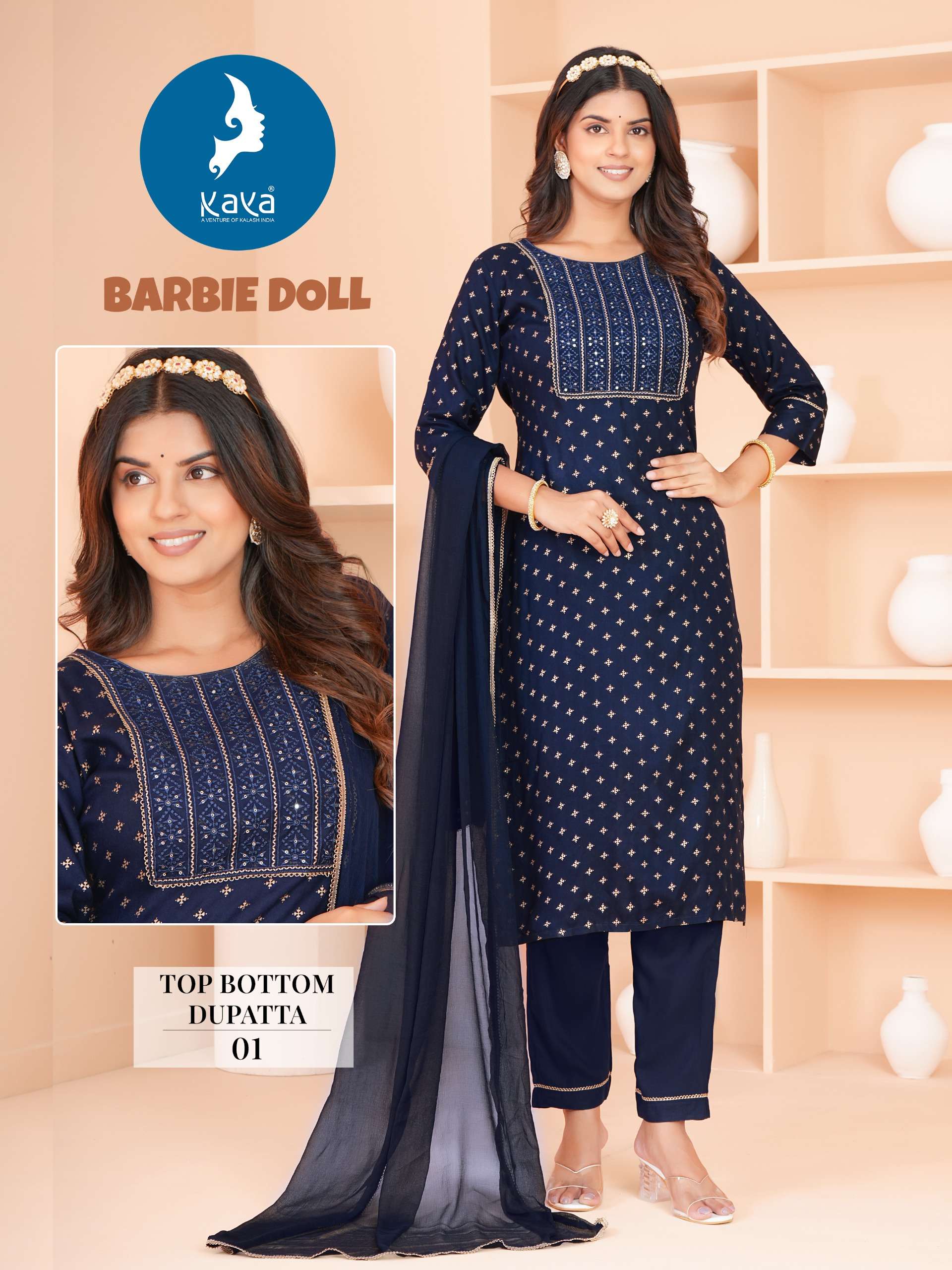 greeting from kaya kurti 3 piece catalogue barbie doll 3 piece concept with straight cut top reyon print bottom reyon with oneside pocket dupatta heavy nazneen