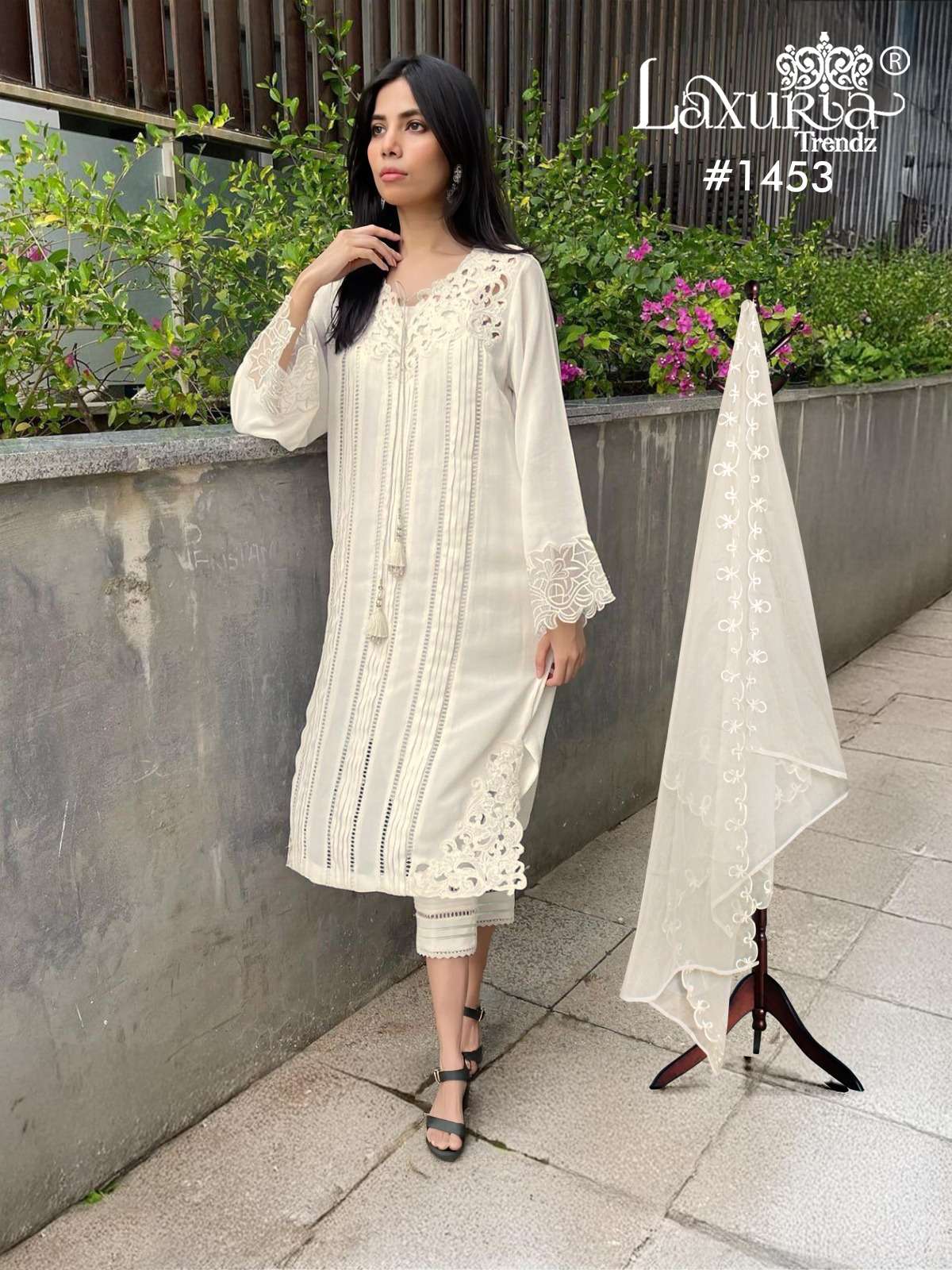 laxuria trendz design number 1453 designer tunic with gorgeous heavy embroidery cut work n plating in tunic n sleeves also in embroidrey with cutwork