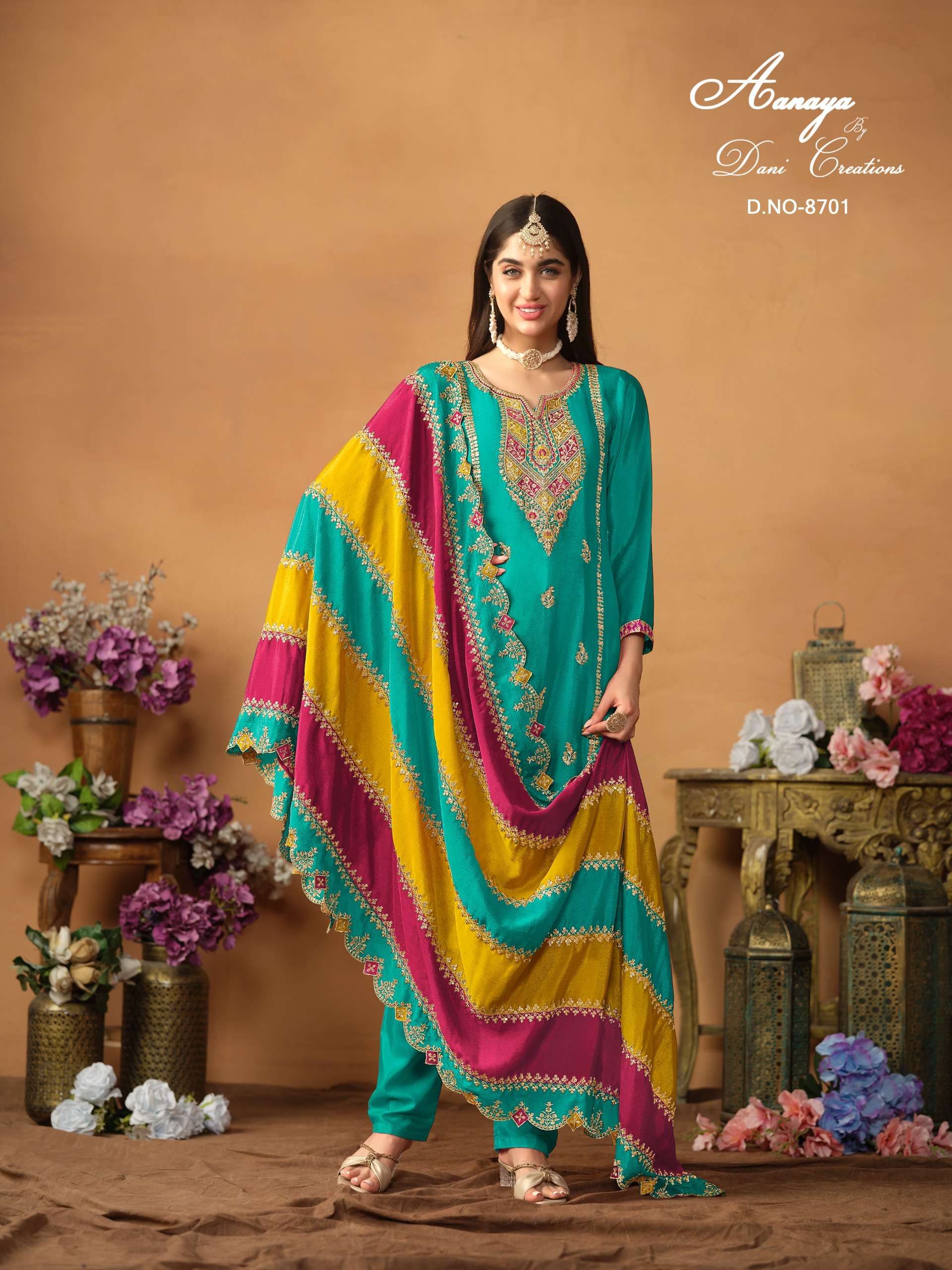 most preferred catalogue aanaya vol 187 top chinon silk inner santool dupatta chinon silk readymade dresses designer partywear straight dresses 