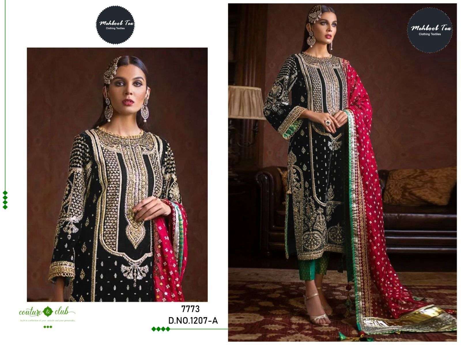 pakistani dresses mehboob tex design number 1207 top 9000 velvet with embroidery work bottom 9000 jaeqred bottom dupatta chinnon with heavy embroidered with work  wine n black