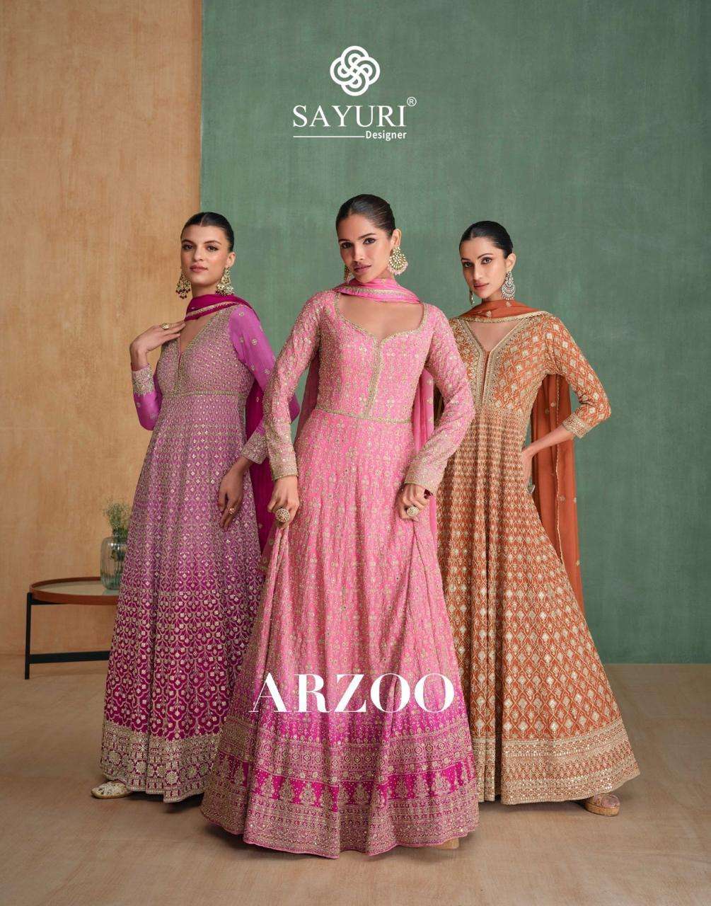 sayuri designer catalogue arzoo series 5684 to 5686 fabric real gerogette n premium real chinon silk n full heavy look seroski diamond embroidered dresses with embroidered dupatta 