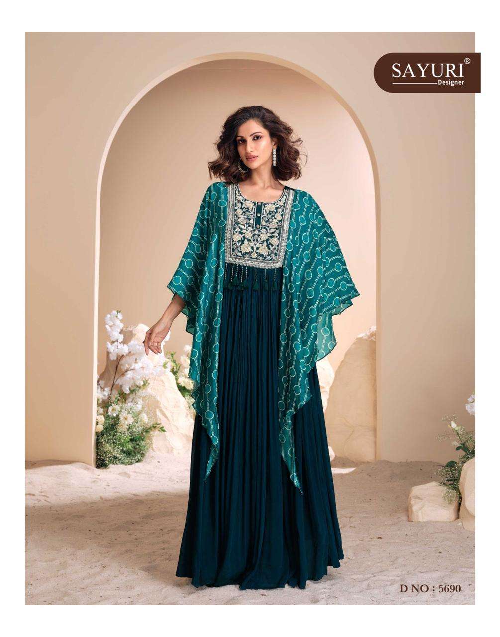 sayuri designer present new catlogue mohey 3 piece series 5690 to 5692 free size stitched premium real chinon silk full heavy look hand moti embroidered chinon silk gown with digital sleeves 