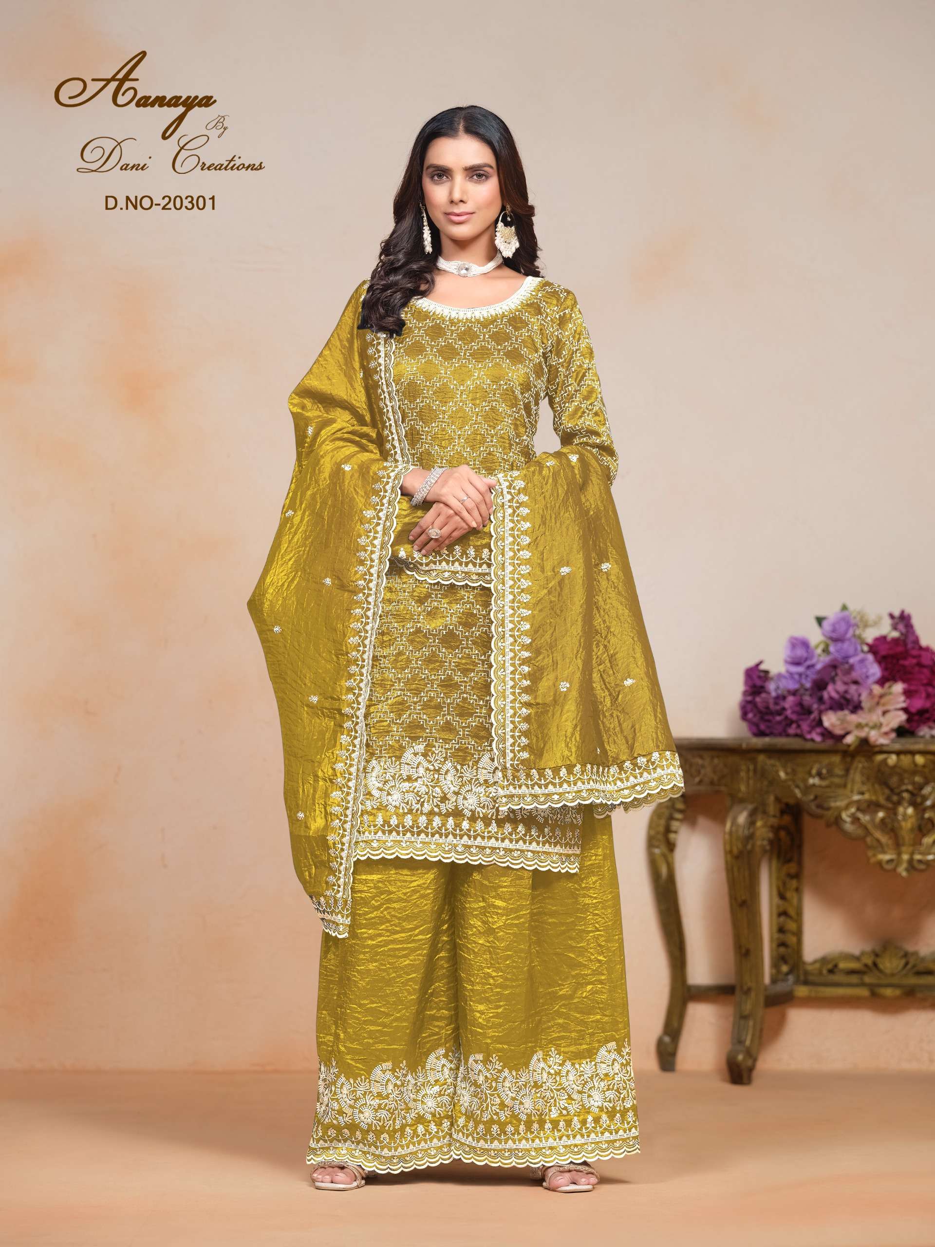 sharara dresses aanaya vol 203 top gold crush inner santool plazo gold crush duppatta gold crush design number 20301 to 20304 designer partywear dresses