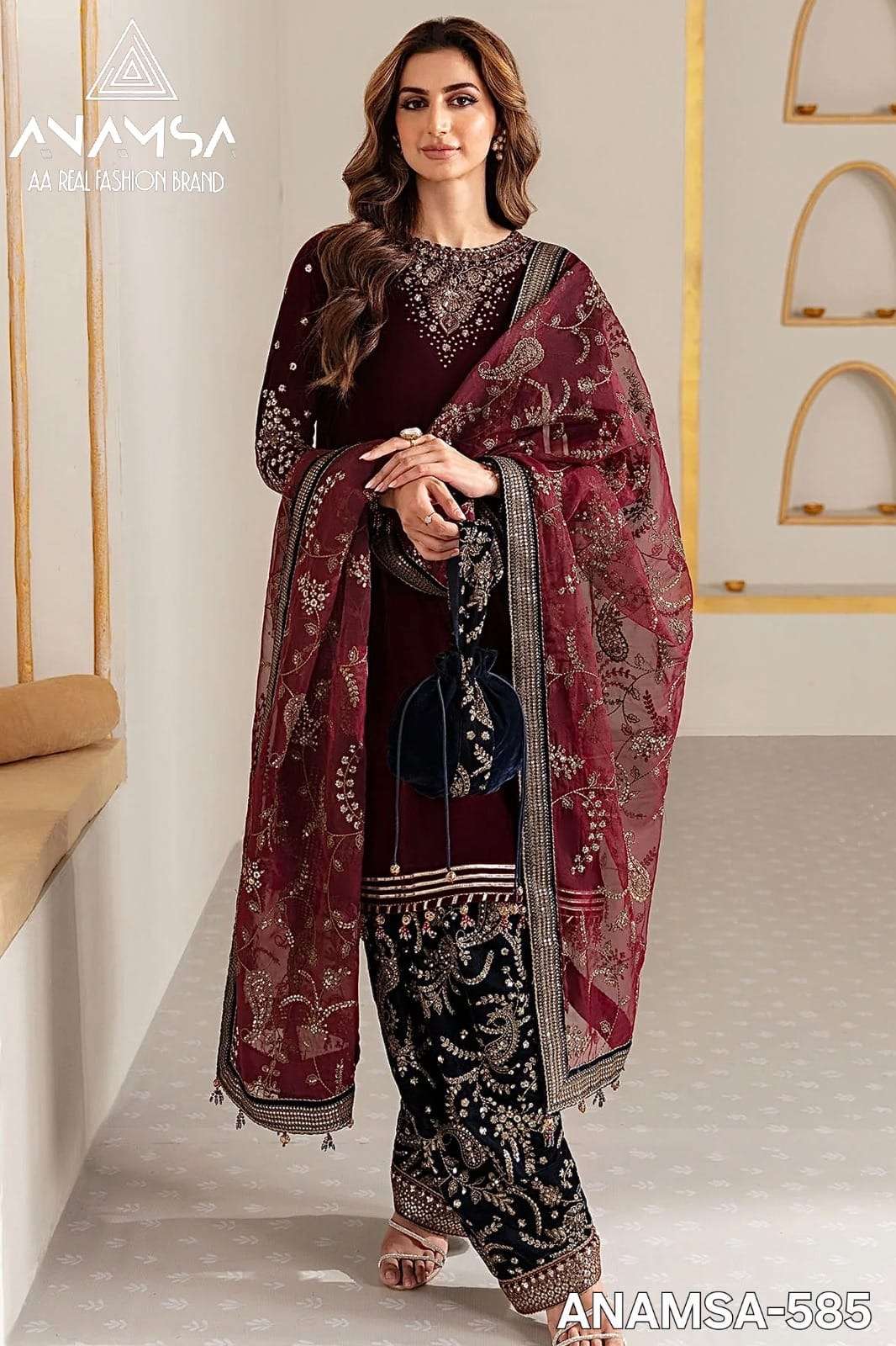 anamsa 7773 new launching semi stitched anamsa 585 heavy pure velvet 9000 with heavy embroidered very beautiful design and sequence work high quality material