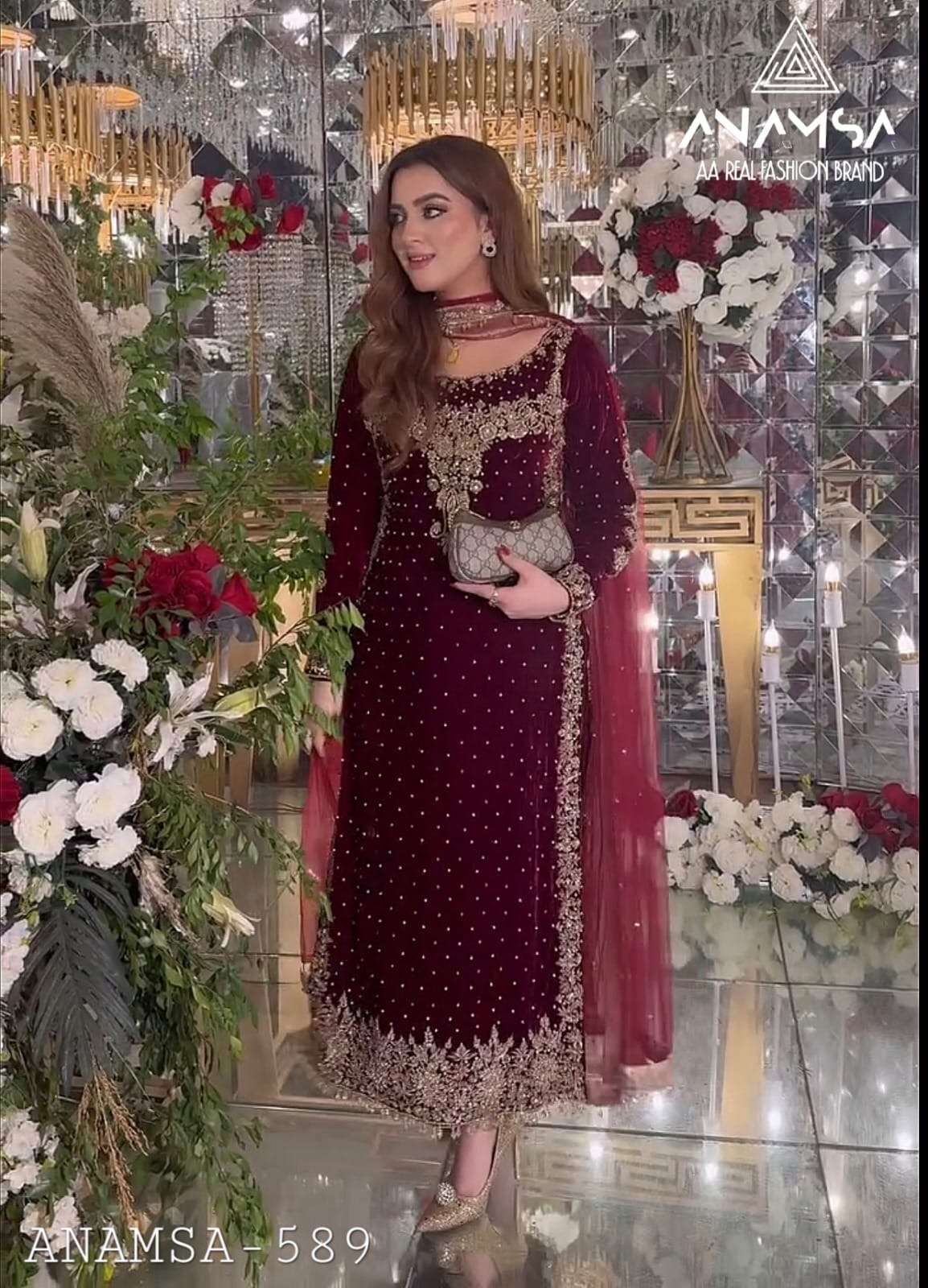 anamsa 7773 semi stitched anamsa 589 heavy pure velvet 9000 with heavy embroidered very beautiful design and sequence work unstitched heavy rayon bottom organza heavy fancy dupatta