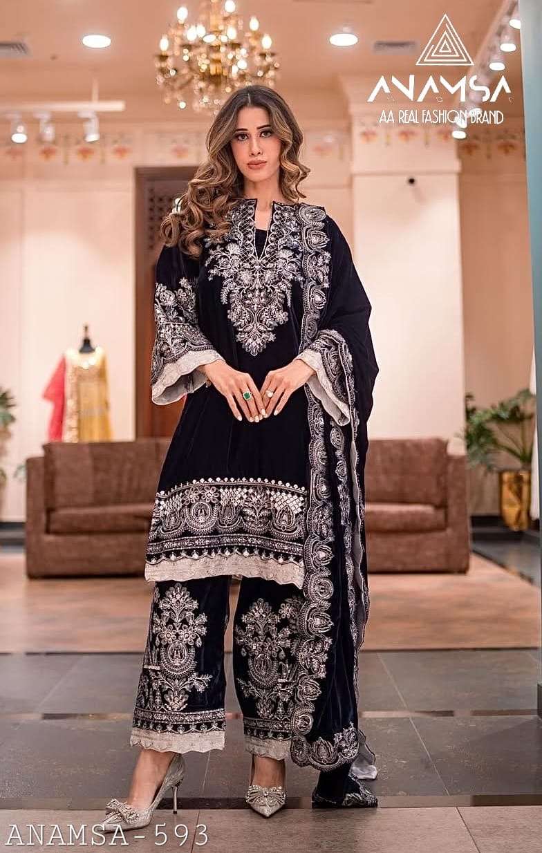 anamsa 7773 semi stitched anamsa 593 detail heavy pure velvet 9000 with heavy embroidered very beautiful design and sequence work high quality material very beautiful semi stitched outfit