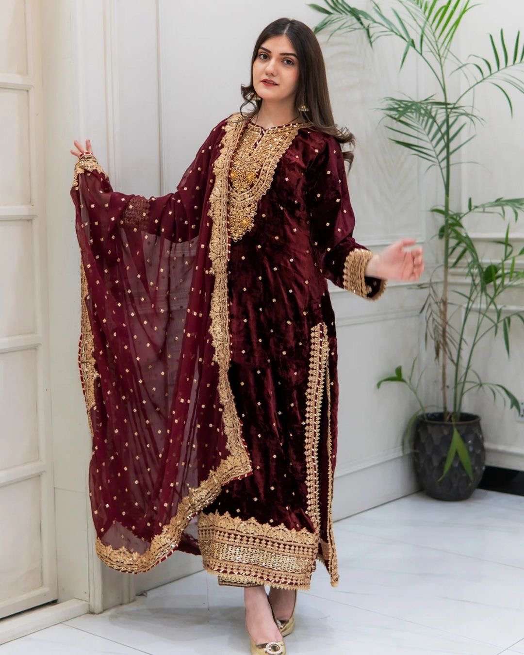 Design no sr1652 launching new party wear viscose velvet designer look top dupatta and fully stiched bottom with heavy embroidery siquance work designer readymade suit 