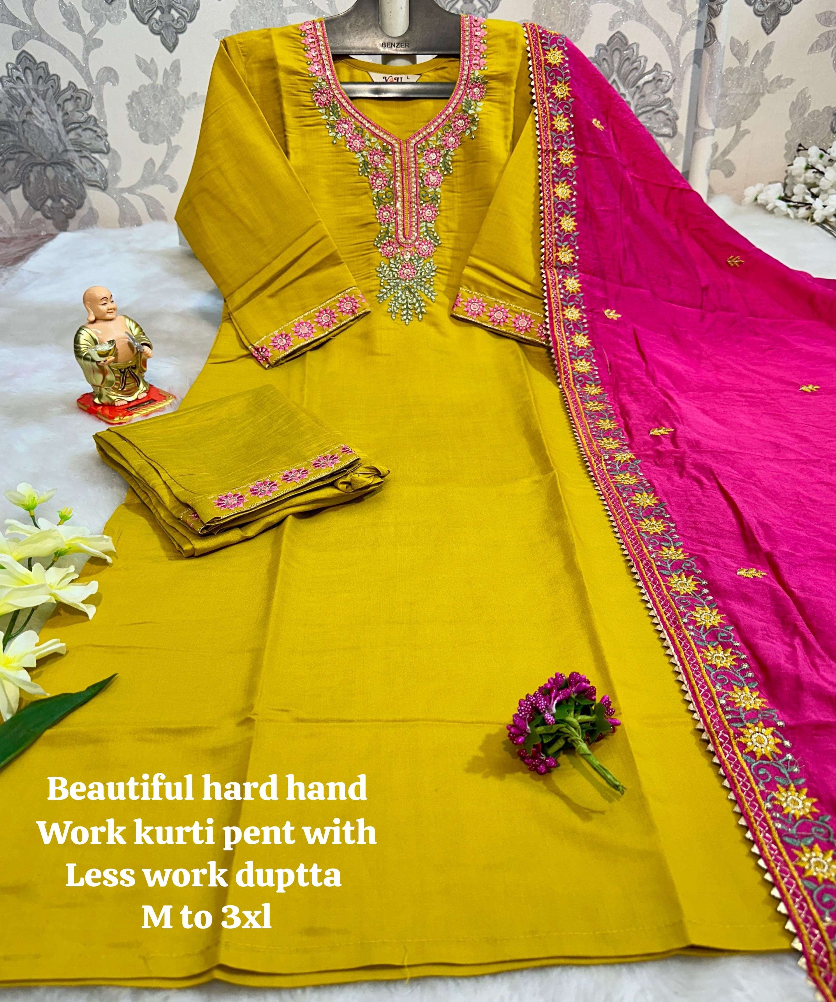 get ready for your brunches weekend getaways and vacays with our newly launched hand work kurtie with  dupatta pents set fabric heavy pure muslin and viscose