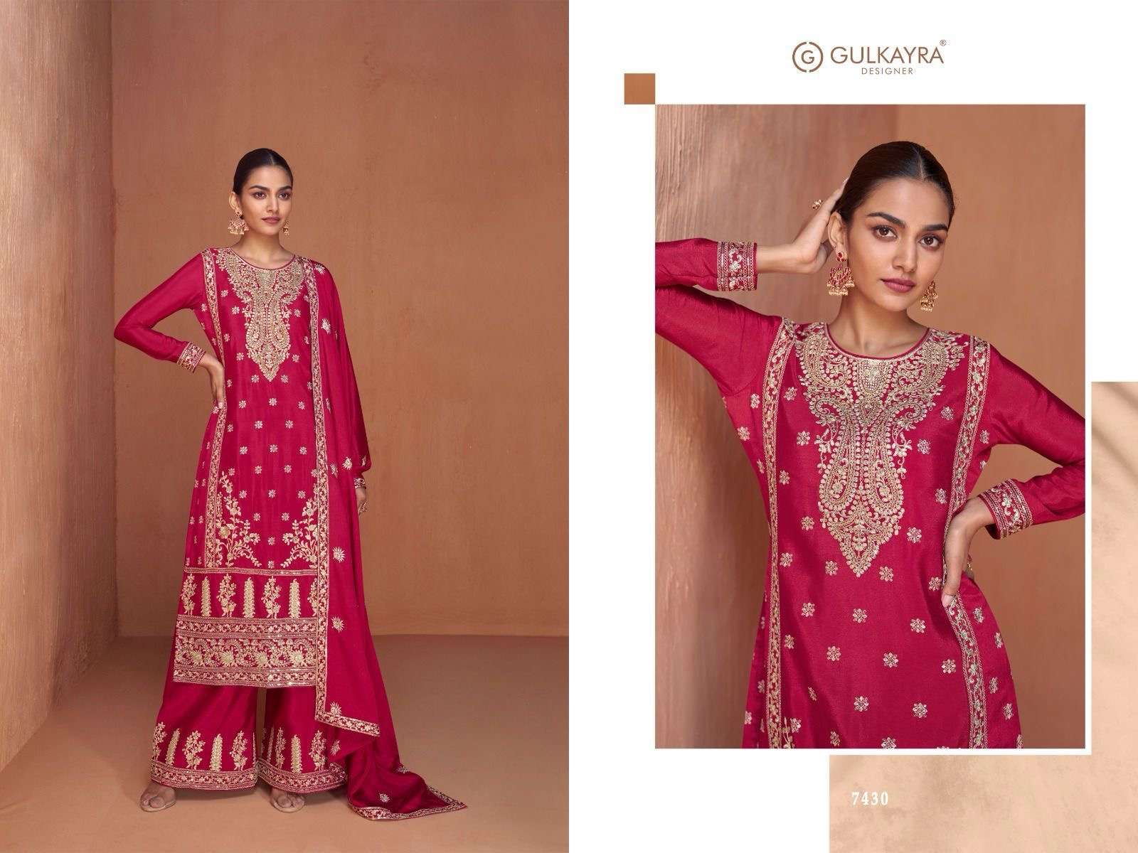 gulkarya designer catalogue series gazal series 7430 to 7433 fabric details top real chinon bottom real chinon dupatta real chinon readymade heavy embroidery dresses 