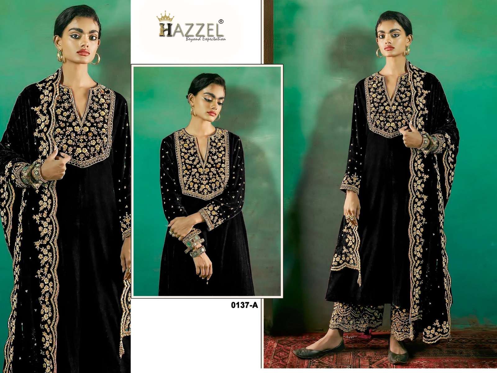 hazzel presents velvet collection design number 0137 abcd details top 9000 velvet with heavy embroidery bottom 9000 velvet  embroidery work dupata heavy velvet with heavy embroidery