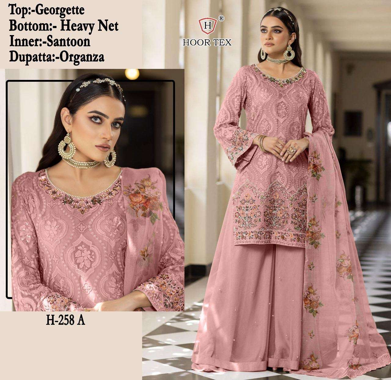 hoor tex design number h 258 top fox georgette bottom heavy net inner santoon dupatta organza print designer partywear pakistani suits 