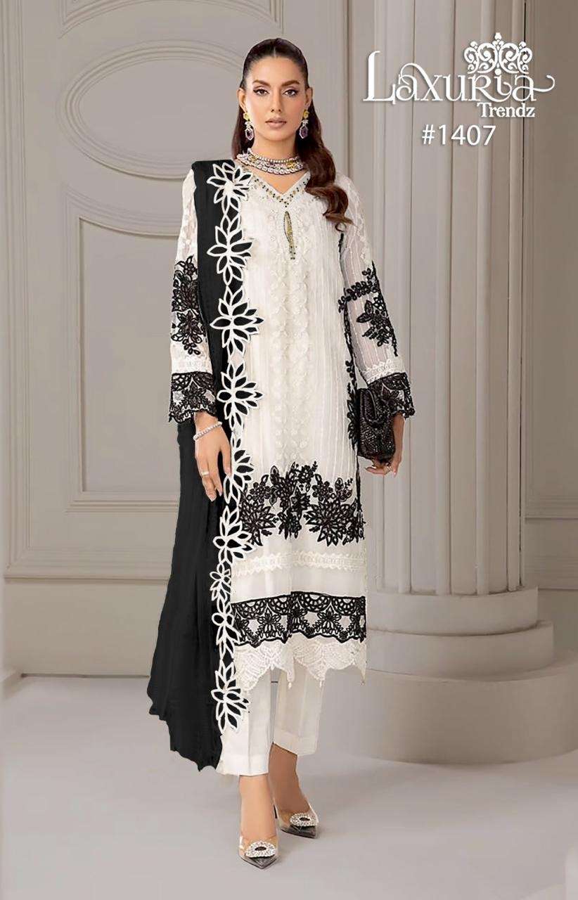 laxuria trendz design number 1407 launch collection embroidered handwork kurti with pant n organza duptta in tunic n pants with heavy embrdry organza duptta beautiful colour combination