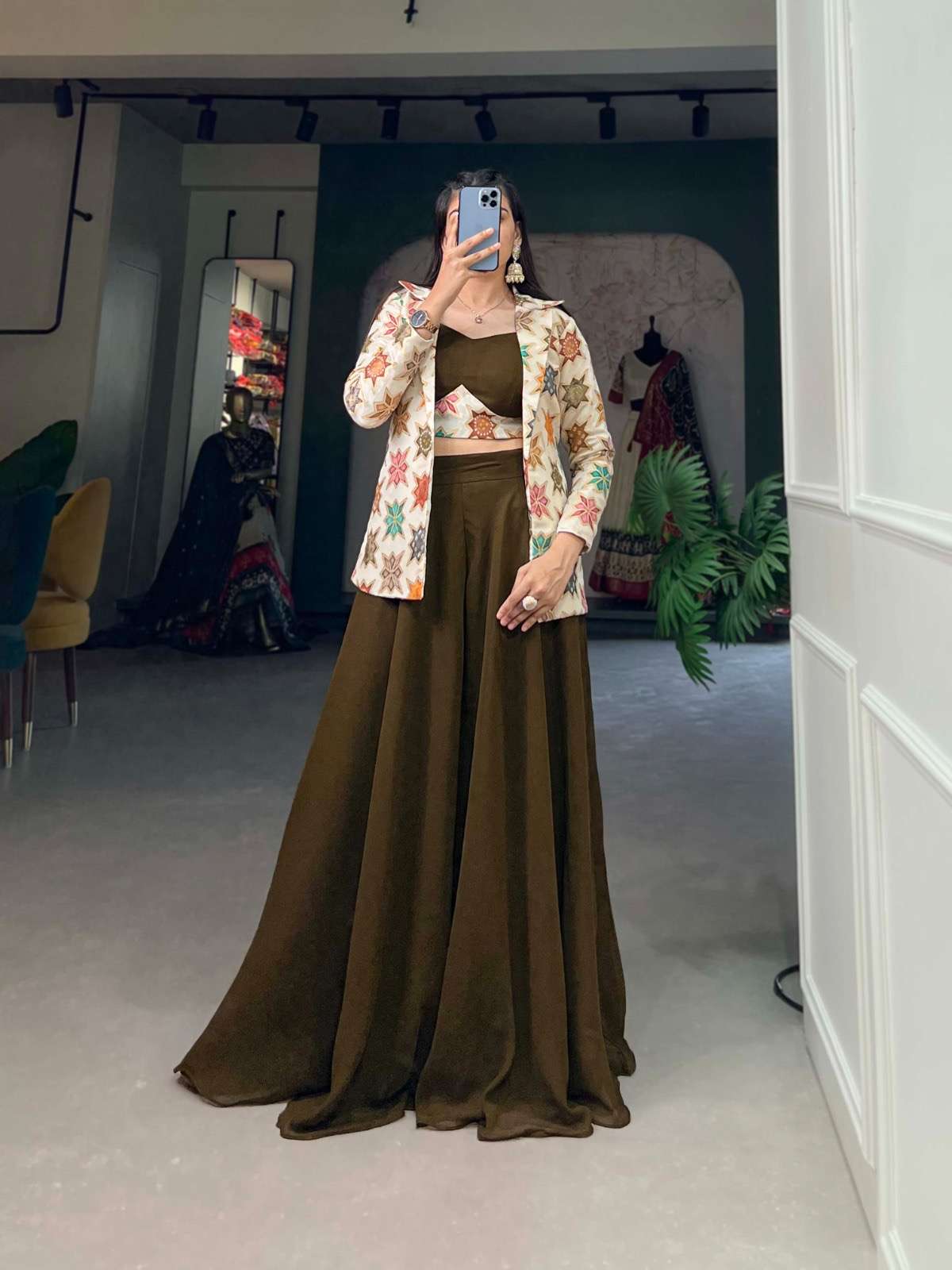 plazo with shrug adorn yourself in the position print shrug with palazzo set each motif telling a story of grace charm, and unparalleled sophistication ynf3019