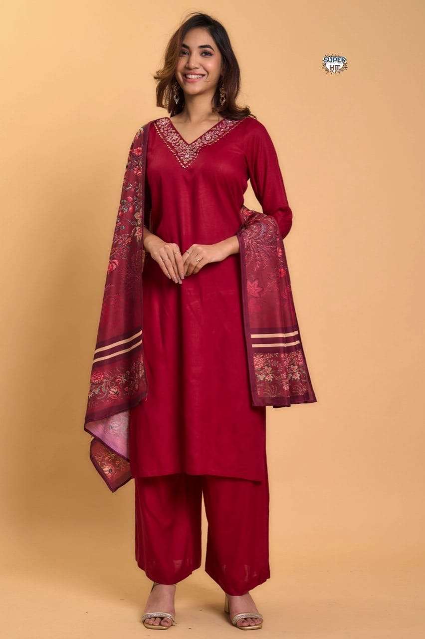 readymade suit collection in festival season get festive ready with our new kurtie pant duppata sets with beautiful v neck embroidery with handwork work kurtie fabric heavy rayon