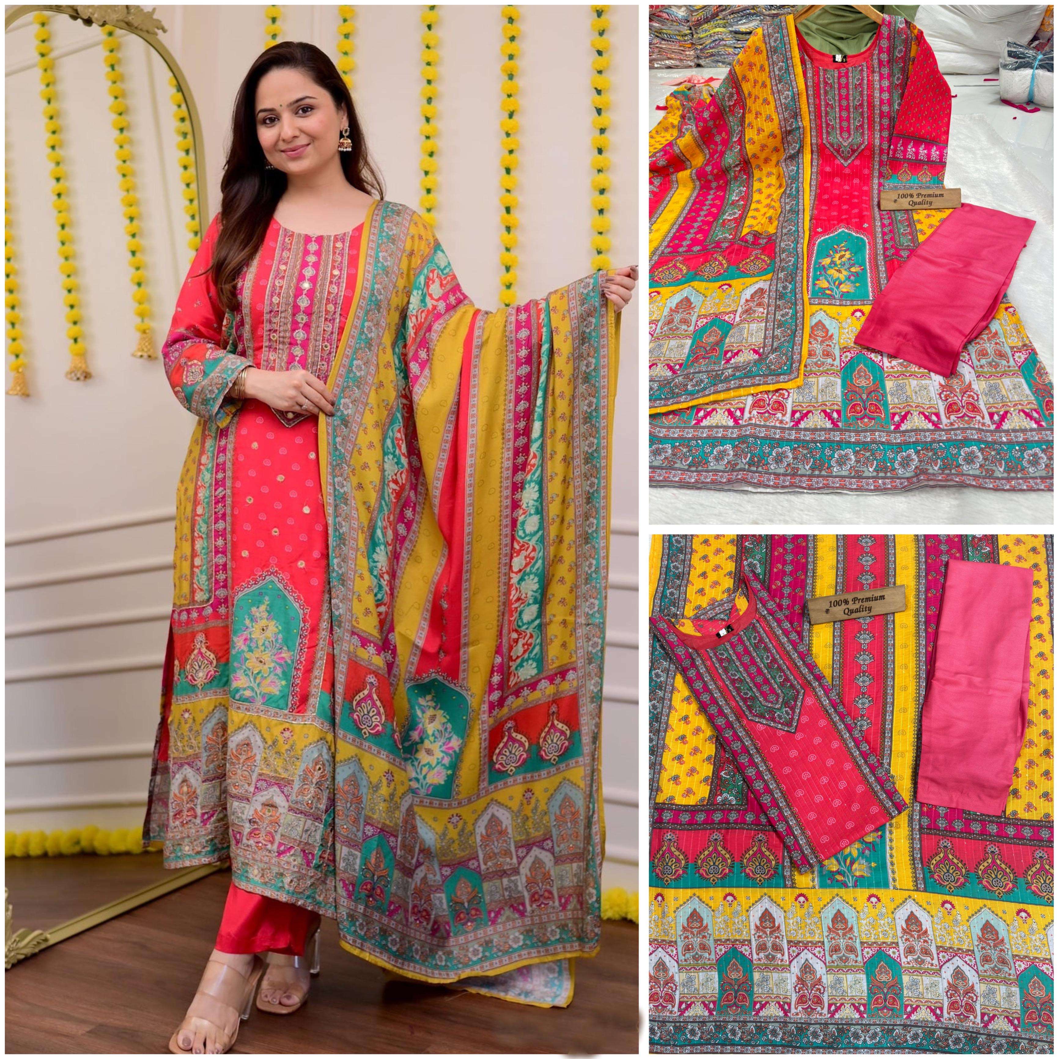 readymade suit Diamond Family Beautiful  printed Maslin kurta set with beautiful Daman and sleeves with full Sequence Work and lace in kurta Pant Rayon cotton pant Dupata Beautiful Printed maslin dupata