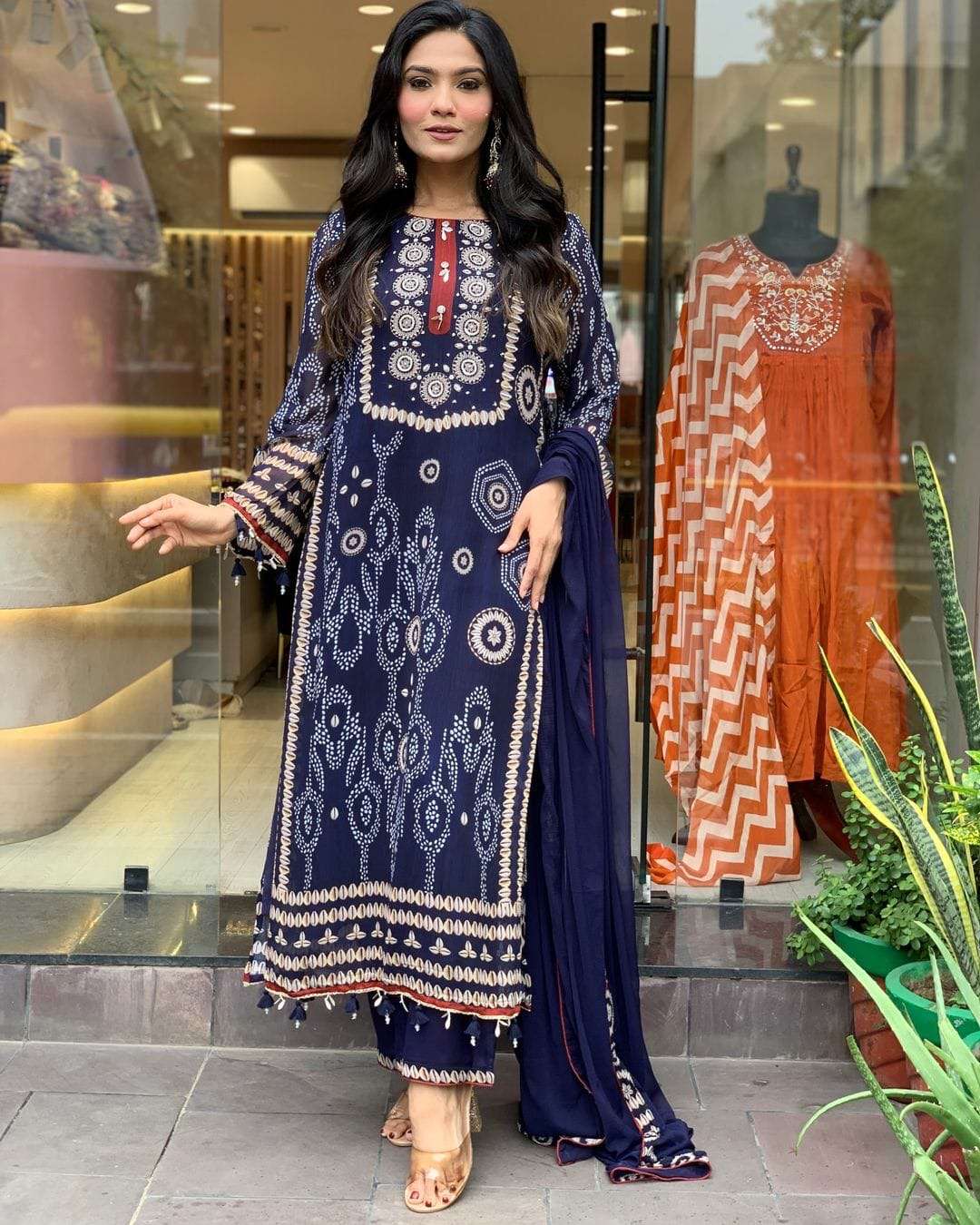 shreya blue n red kodi suit set new special wrap yourself in elegance this festive with our navy blue n red readymade suit  featuring intricate schiffli hand works and thread kodi and latkan