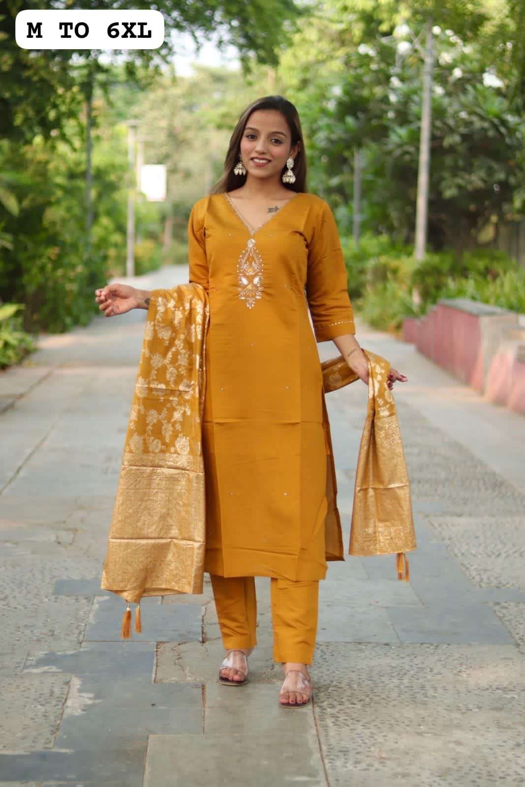 wedding season collections hand work  kurti with banarasi work on  dupatta pents set fabric heavy pure muslin and viscose size m to 6xl readymade dresses