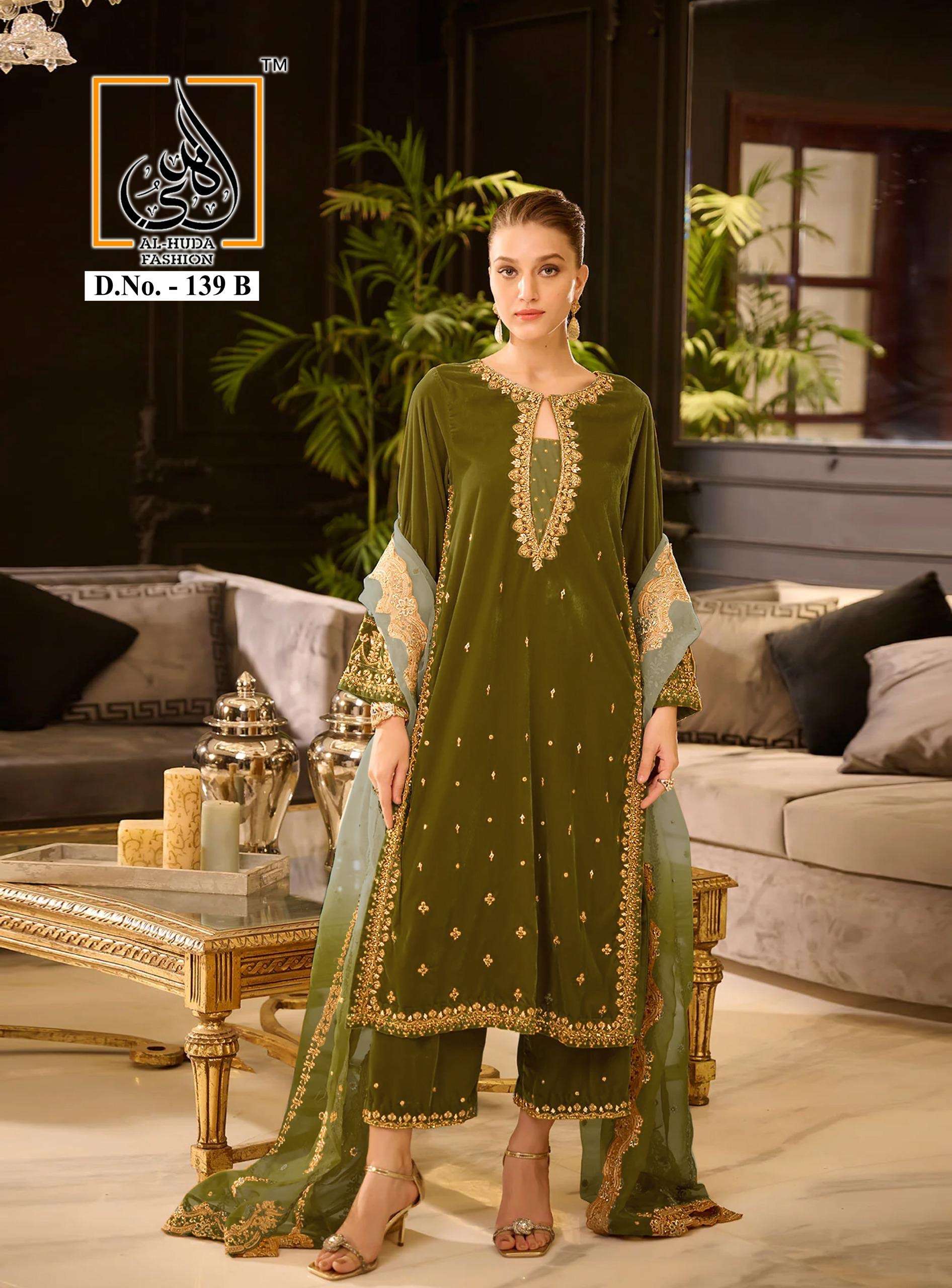 al huda design number 139 a n b velvet edition designer tunic wear with beautiful heavy embroidery paired with organza embroidered dupatta n designer pants readymade suit