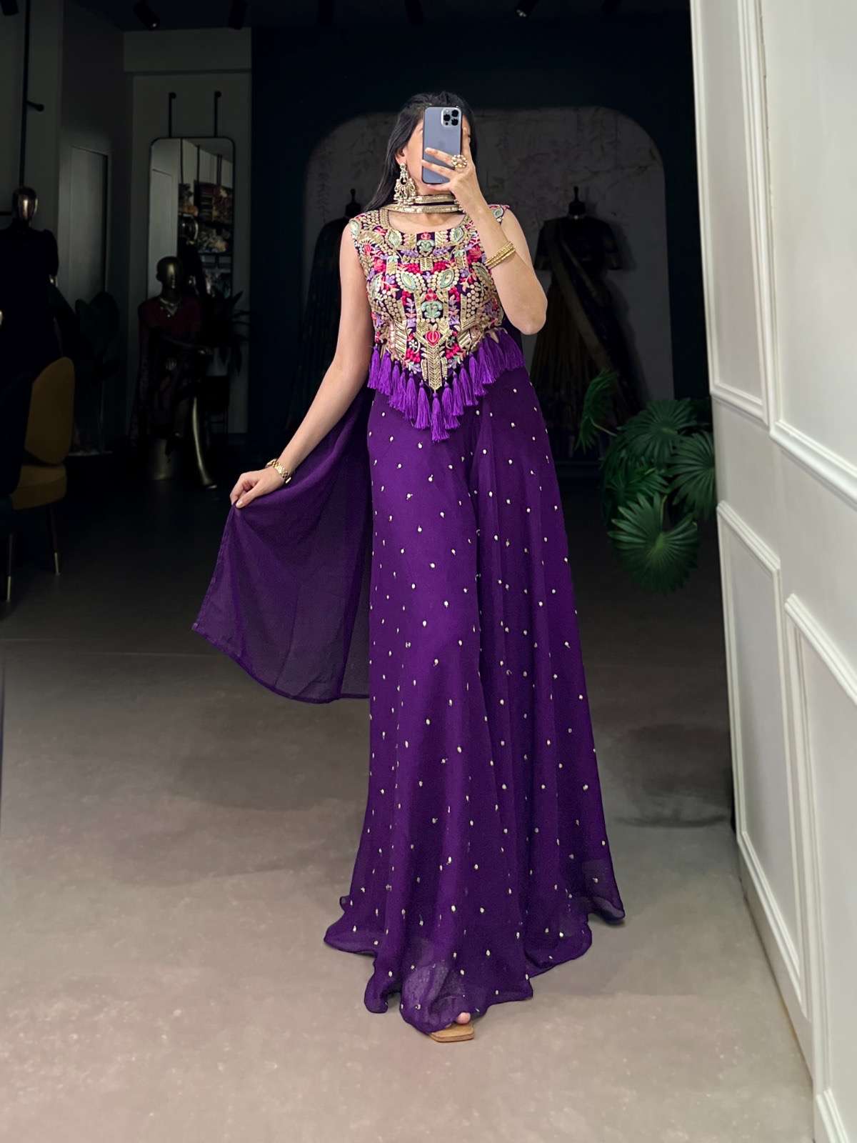 ethnic dress collection elegance in every purple hue nnk3025 top stitched top fabric gerogatte top work sequins and thread embroidery work with tassels gerogatte bottom work sequins butties all over 