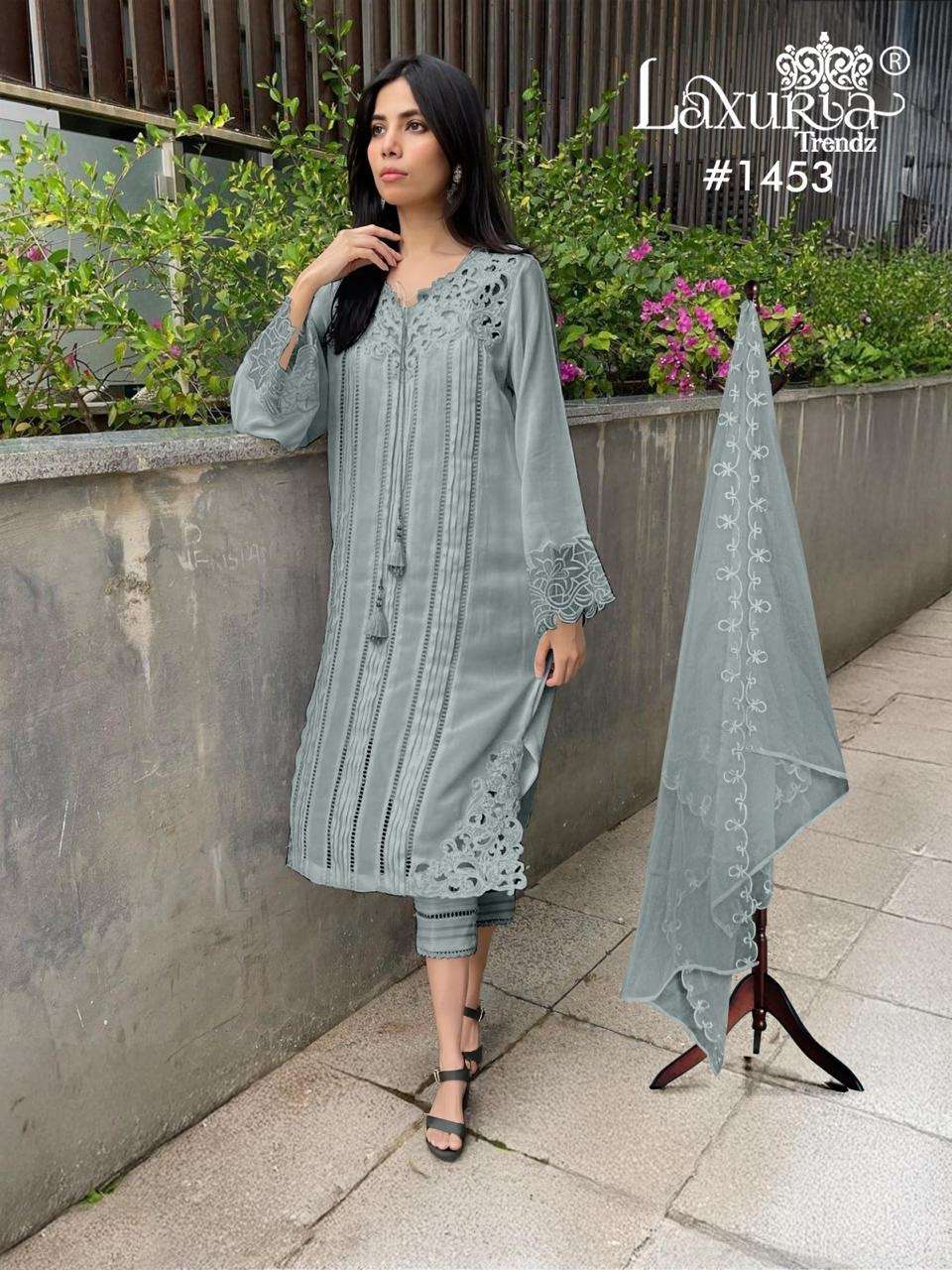 laxuria trendz design number 1453 new colour added premium series coordinated outfit designer tunic with gorgeous heavy embroidery cut work n plating in tunic n sleeves coord set 