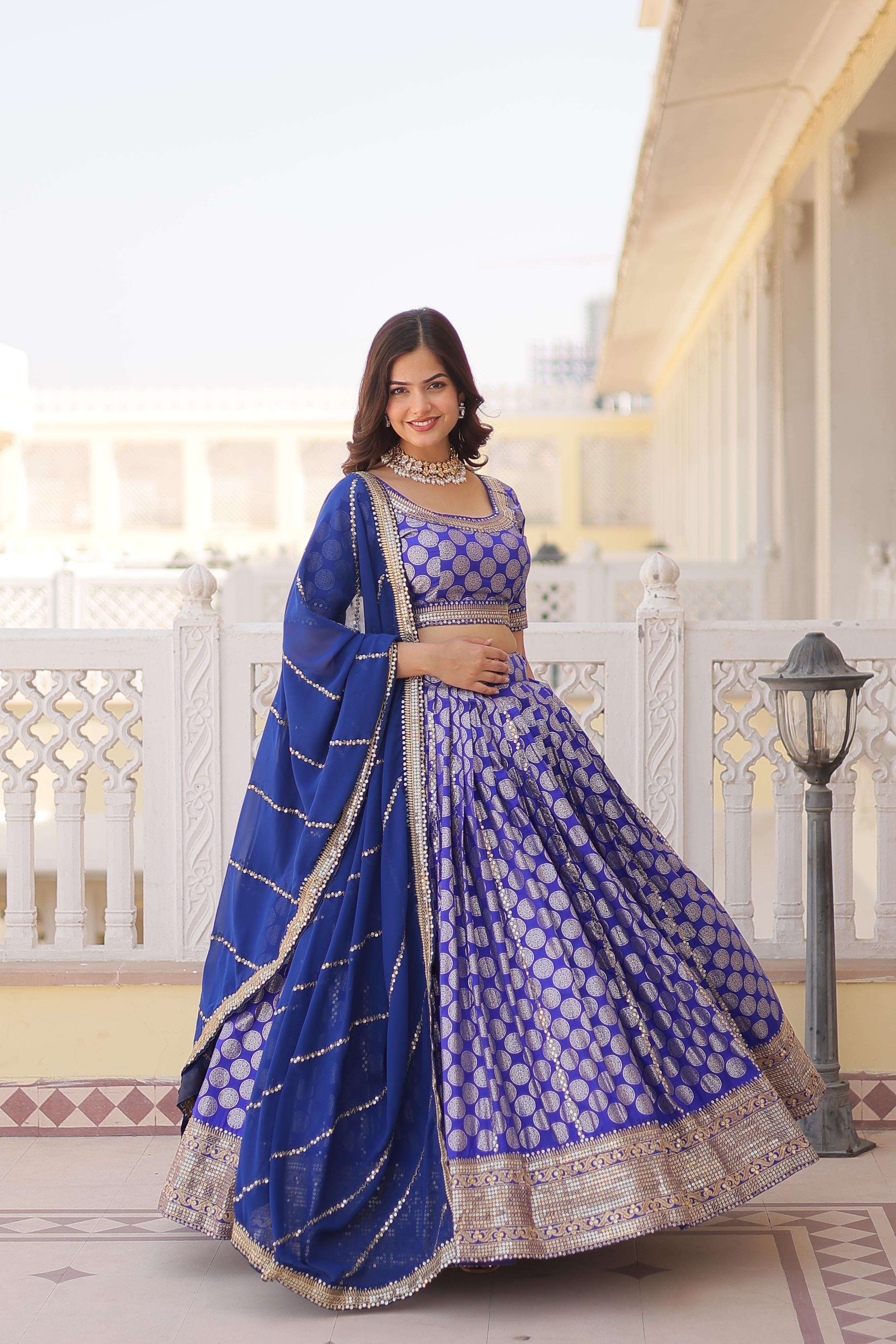 lehenga designer dyeable pure viscose jacquard fabric lehenga choli n dupatta set with sequins embroidered work silk lehenga choli has a regular fit code lw 7100