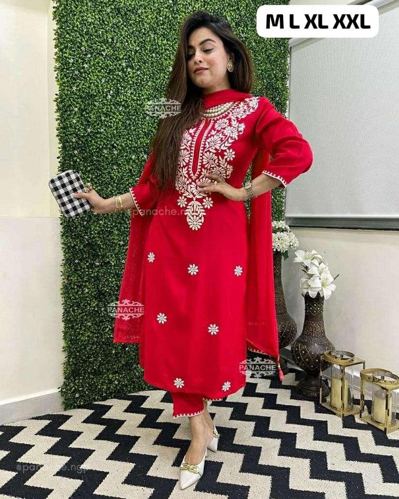 look straight out of a dreamy movie set as  you turn around and walk in this elegant suit the perfect of traditional wear top fabric heavy reyon cotton with embroidery work pant reyon cotton with lace