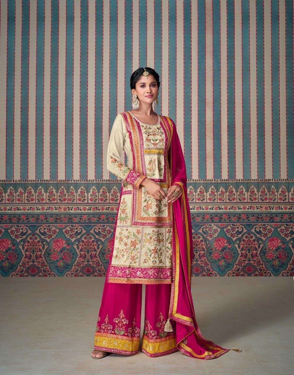 sayrui designer kasturi series 5715 to 5716 fabric premium real simar silk with pure viscos jacquard silk lace viscose lace all over the top plazzo and dupatta and premium chinon silk plazzo 