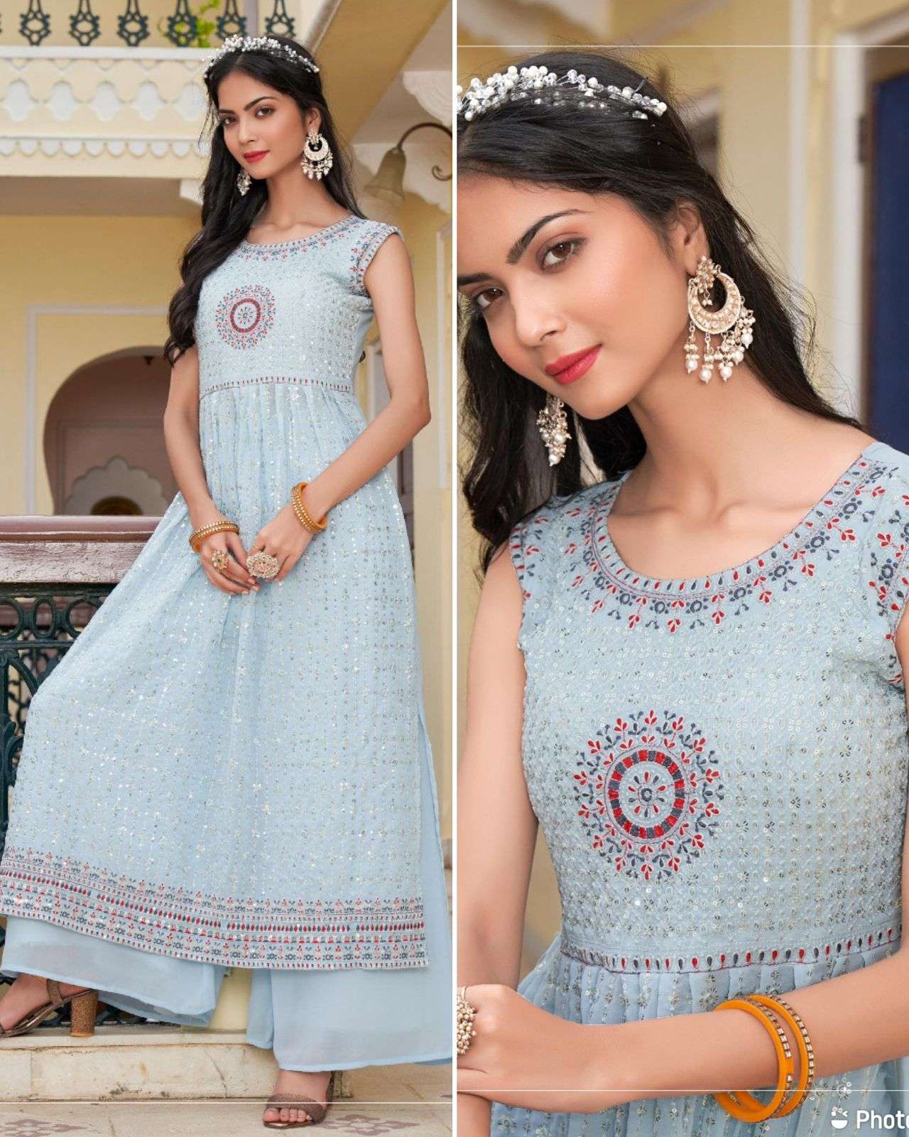 5 Color Embroidered Party Wear Long Flair Gown with Plazo, 3/4th Sleeves at  Rs 1450 in Surat