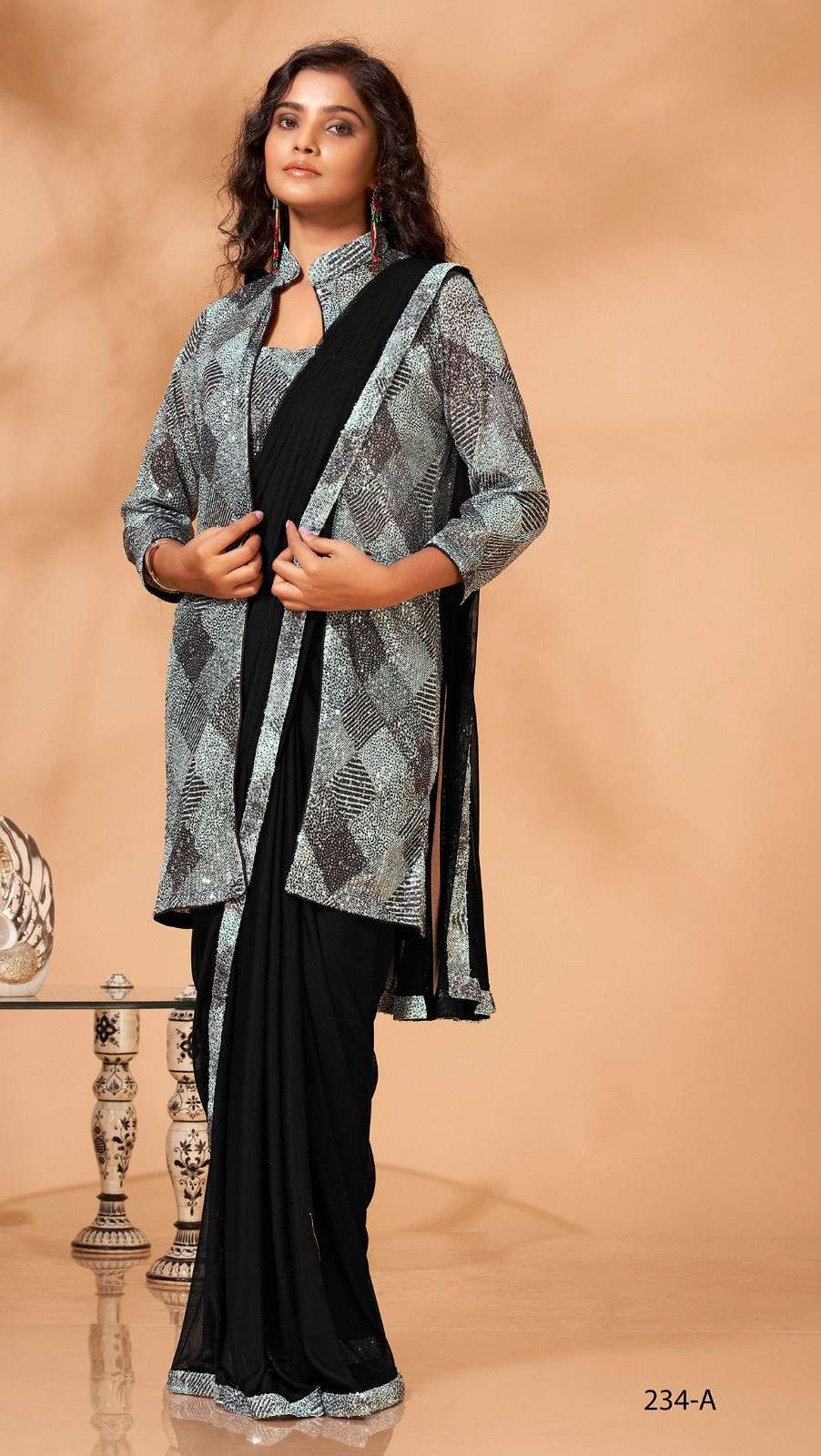 Buy Black Festive Predrape Saree With Short Jacket Online - W for Woman