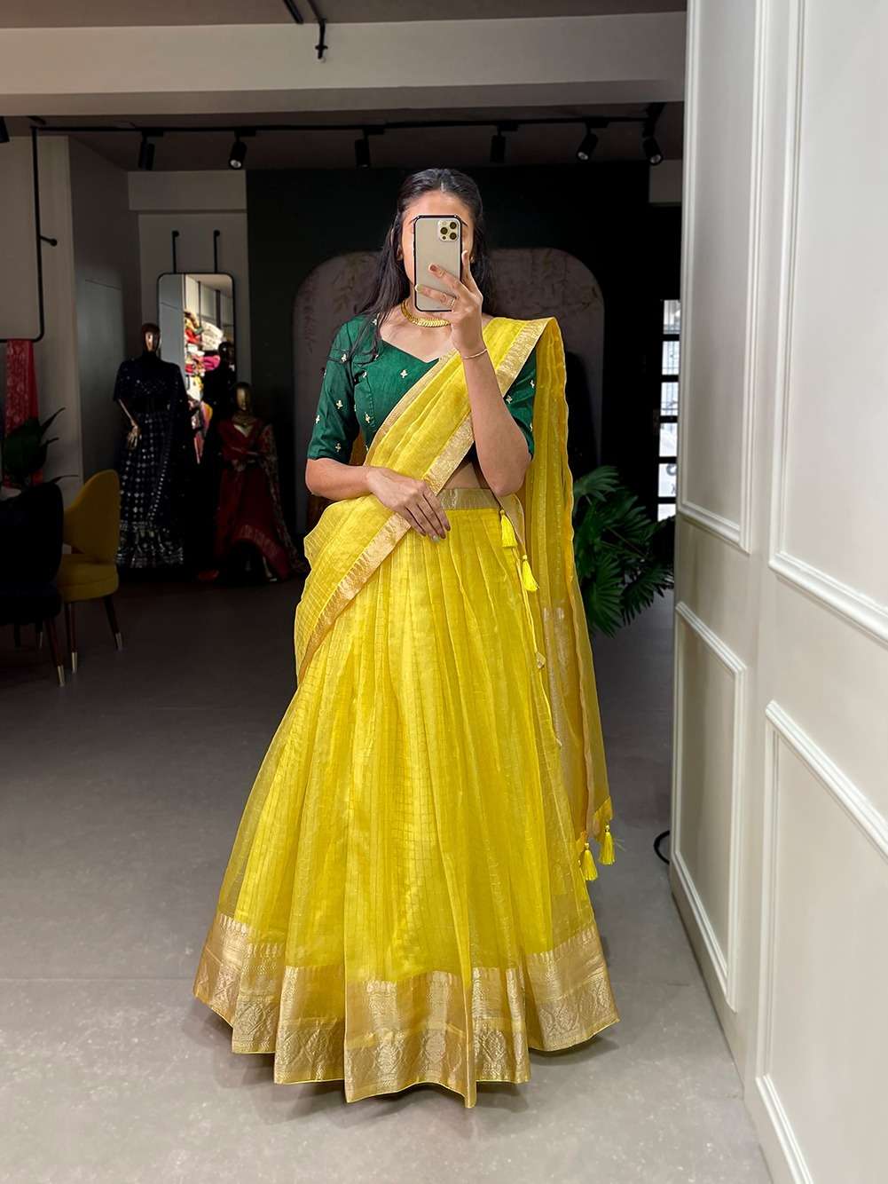 Green & Yellow Wedding Wear Woven & Embroidered Silk Lehenga Choli