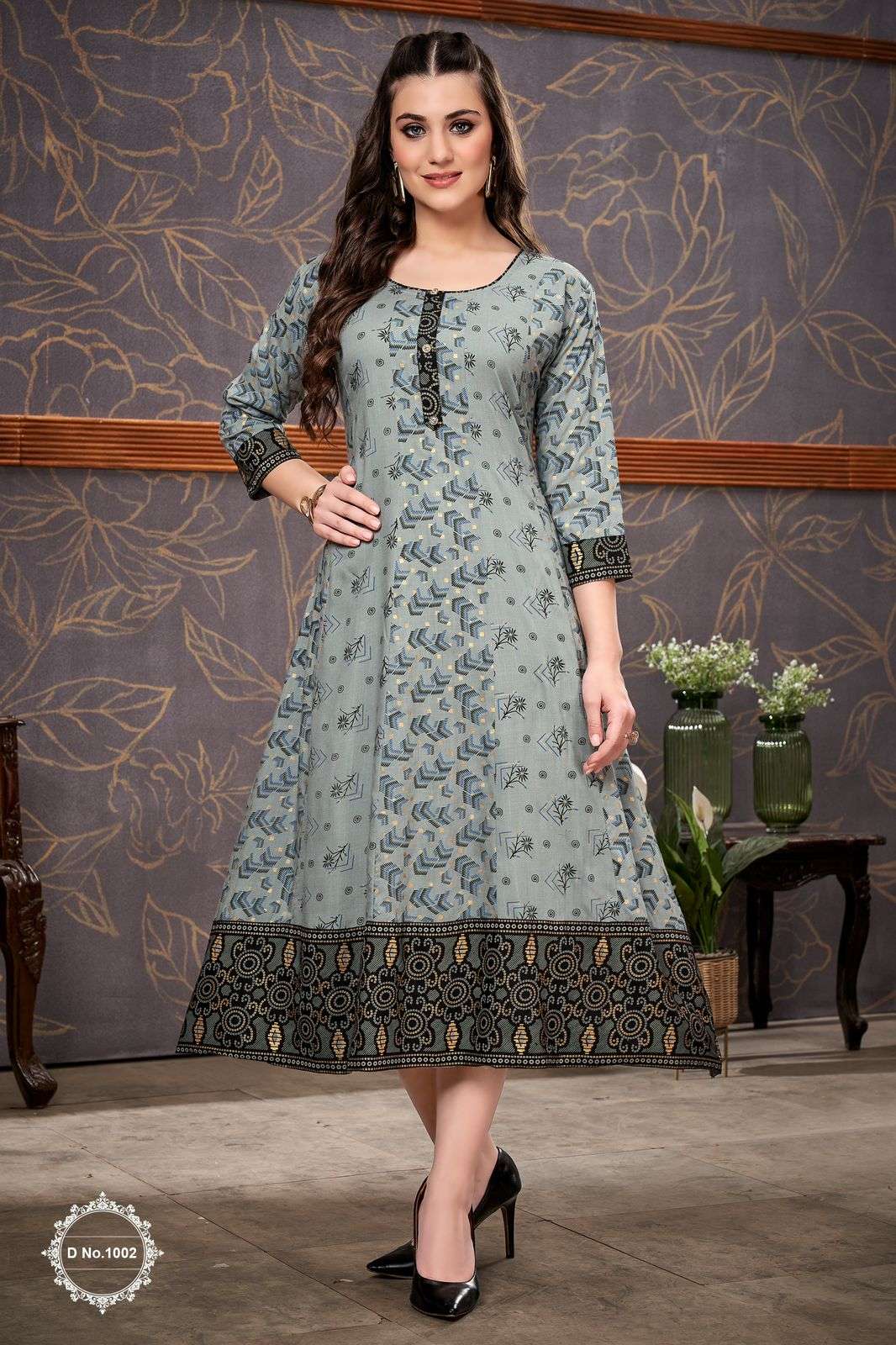 suhana round flair kurtie in princess pattern reyon cotton printed frock style round flair kurtie frock kurtie