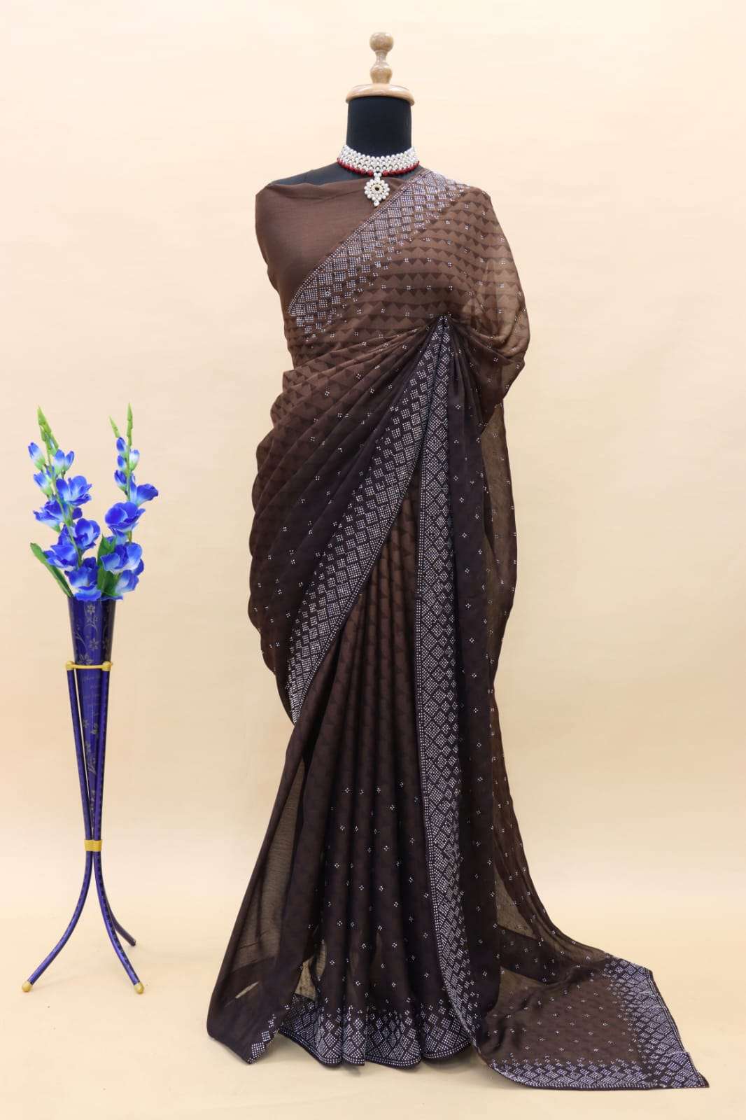 Stunning Look Mysore Silk Embroidered Cutwork Saree with Unique styling on  border and Swarovski Diamond -Style Array