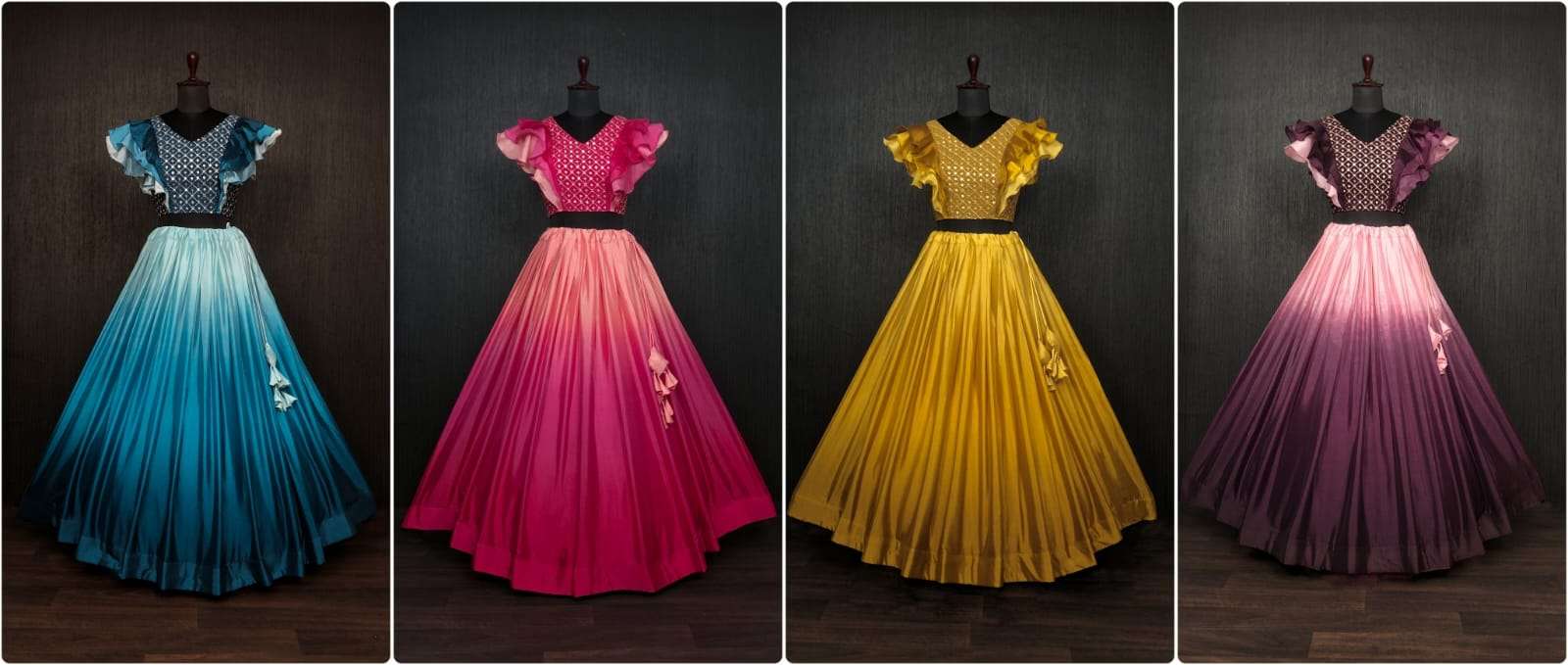 premium designer readymade lehenga choli collections colourful chinnon  pedding flaired lehenga with sequins n chikankari thread embroidered three  layer frill blouse