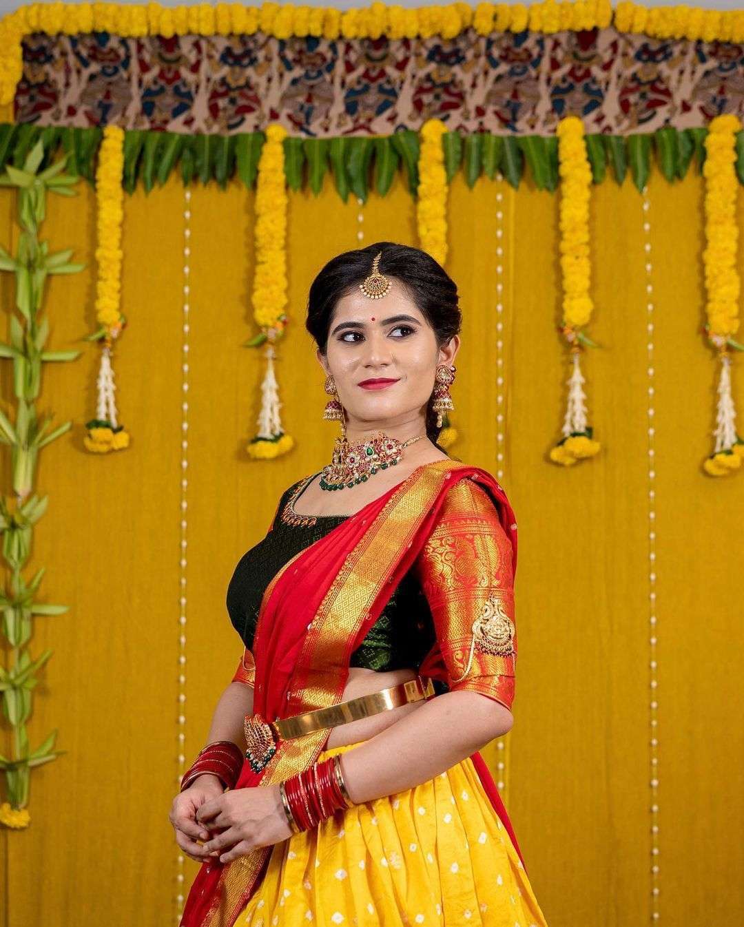 South Indian Heavy Half Saree Lehenga for Wedding Reception and Haldi  Ceremony in USA, UK, Malaysia, South Africa, Dubai, Singapore