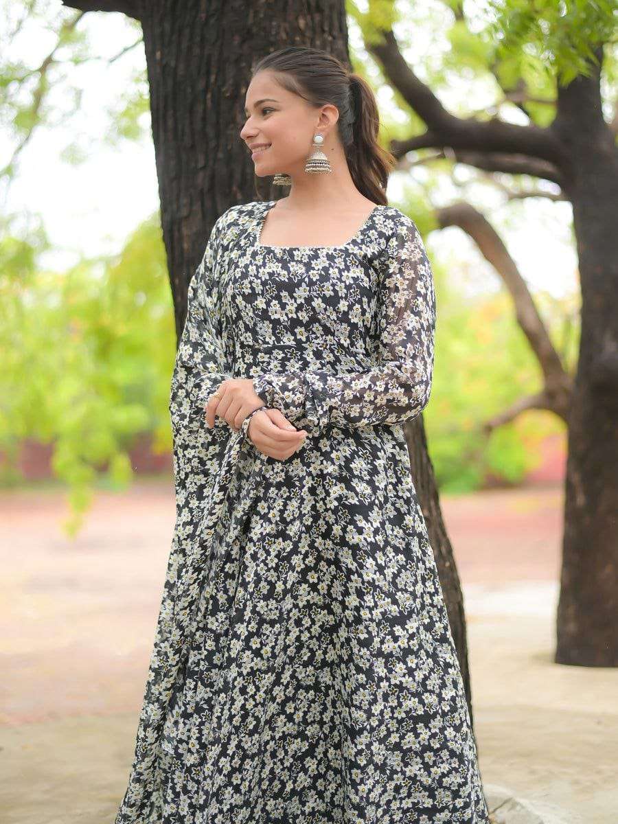 design number 065 black and white flower gown classic dress are delightful and this easy to wear and stylish black and white flower print fox georgette suit