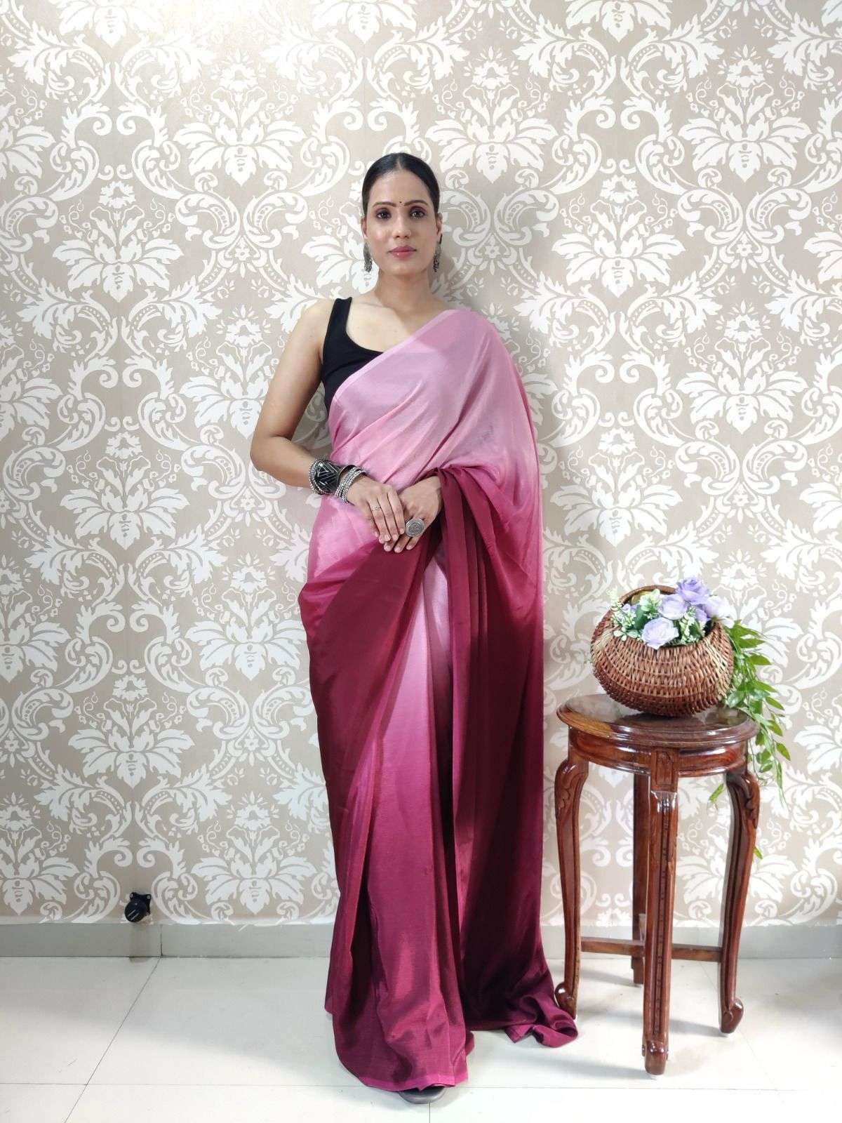 Buy Thread & Button Wine Crushed Saree (Set of 2) with Unstitched online