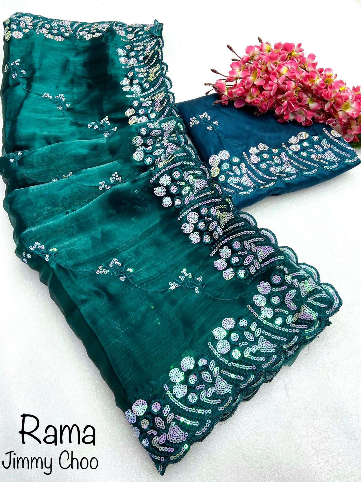 saree designer saree fabric zimmy choo saree with beautiful 5mm sequence  embroidery cpallu work blouse mono diamond silk with sequence embroidery  work material saree