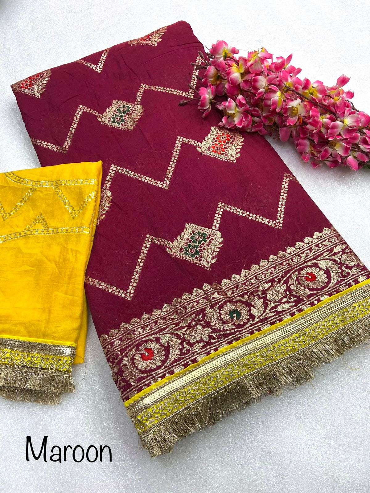 Soft Banarasi dola silk saree with work border lace and rich weave pallu  Attached with heavy stitch embroidery blouse with cut work sleeve… |  Instagram