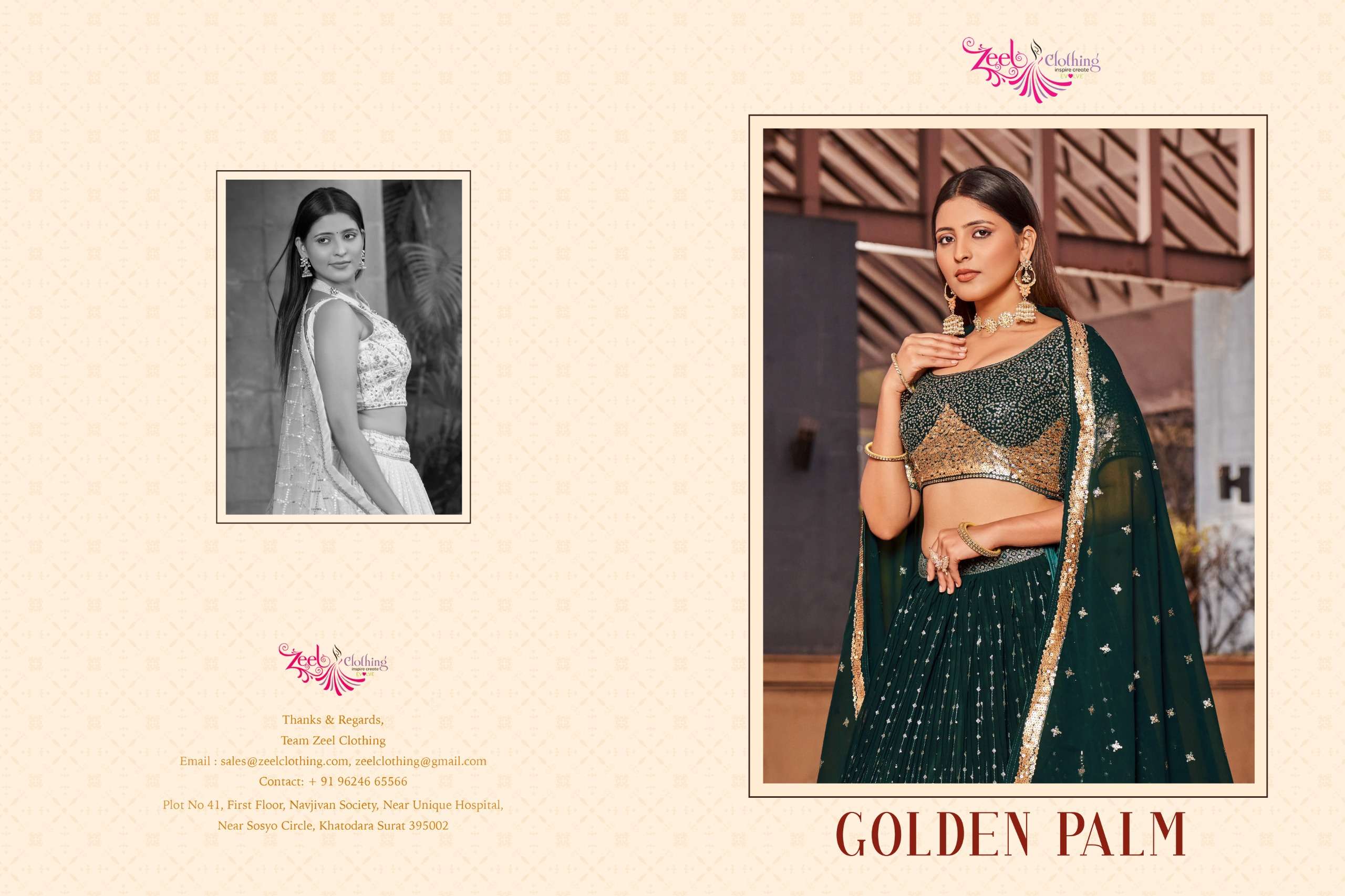 zeel clothing catalogue golden palm series 8001 to 8011 designer partywear  bridalwear stylish sequence zari thread and dori work embroidery with digital  print designer partywear lehenga